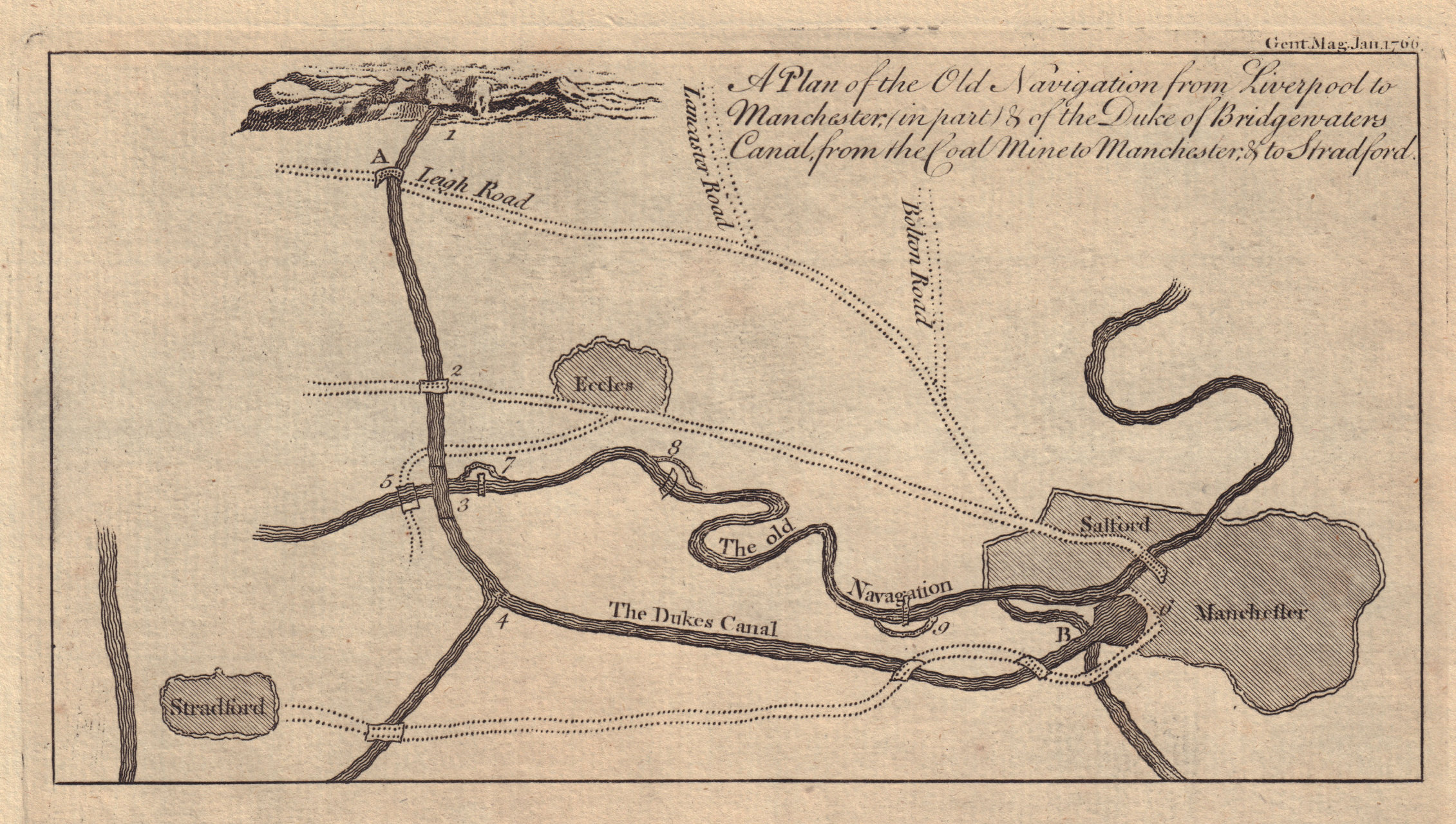 Associate Product Mersey & Irwell Navigation. Bridgewater Canal. Manchester. GENTS MAG 1766 map