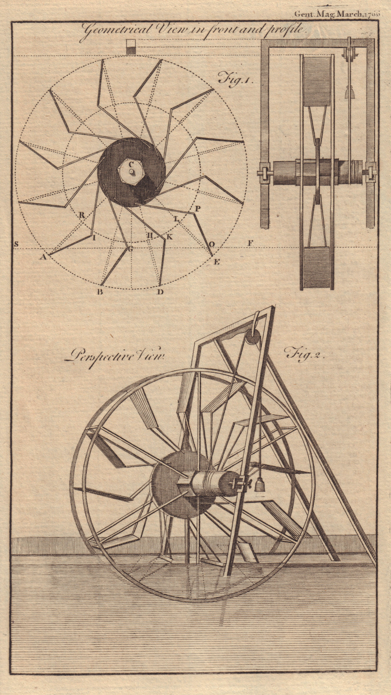 A Water Wheel, by Deparcieux. Geometrical & Perspective Views. Science 1766