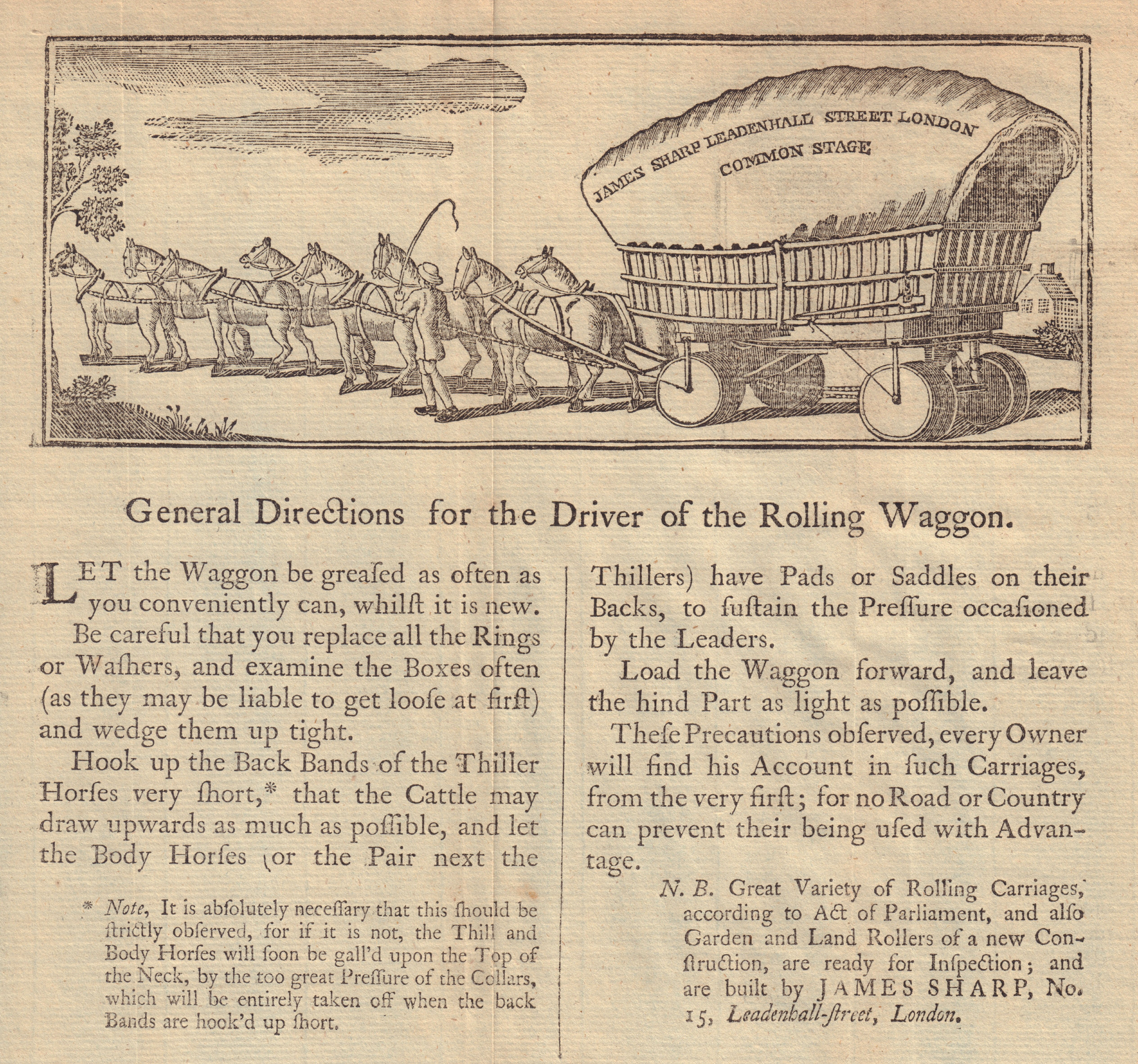 General directions for the Driver of the Rolling Waggon. James Sharp London 1773