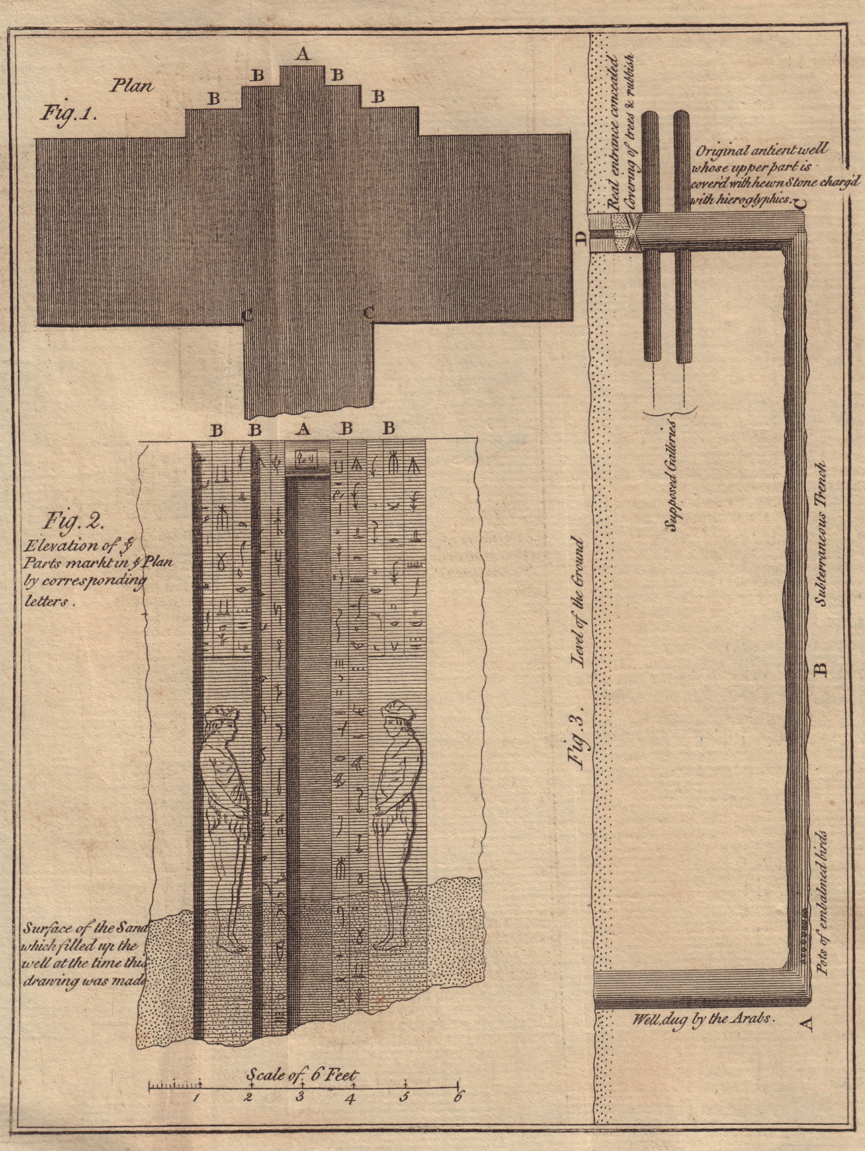 Plan of the Bird Pit, Cairo. Figures & Hieroglyphics at the Entrance 1781