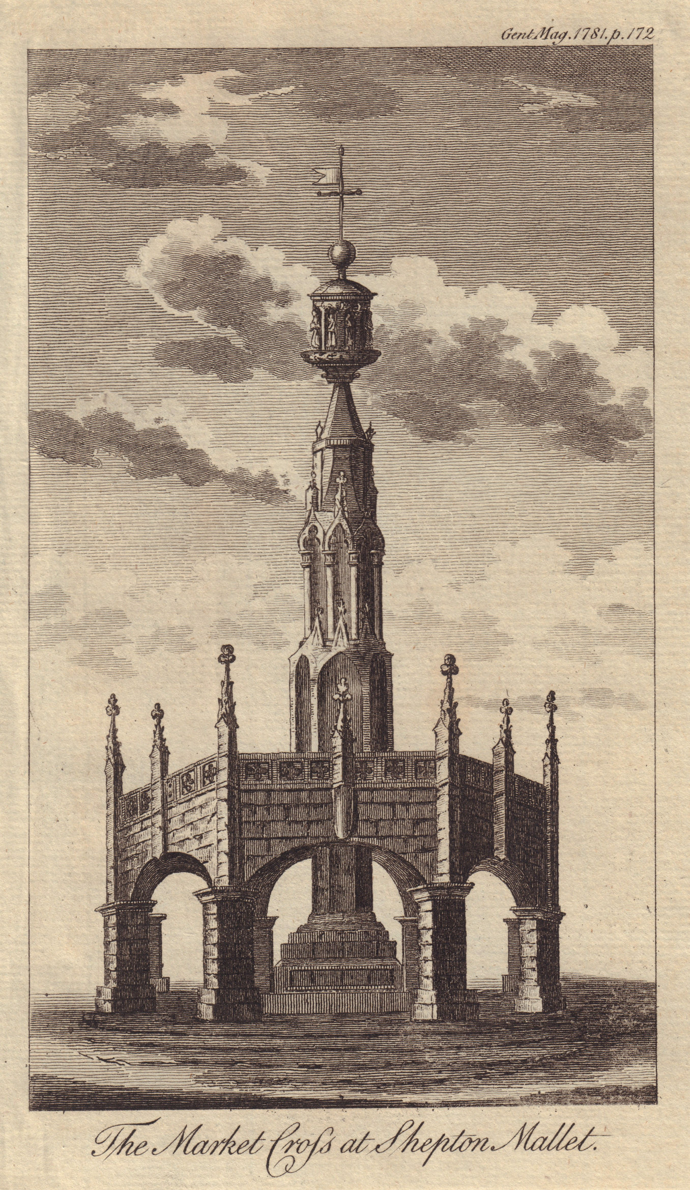 The Market Cross at Shepton Mallet, Somerset. GENTS MAG 1781 old antique print