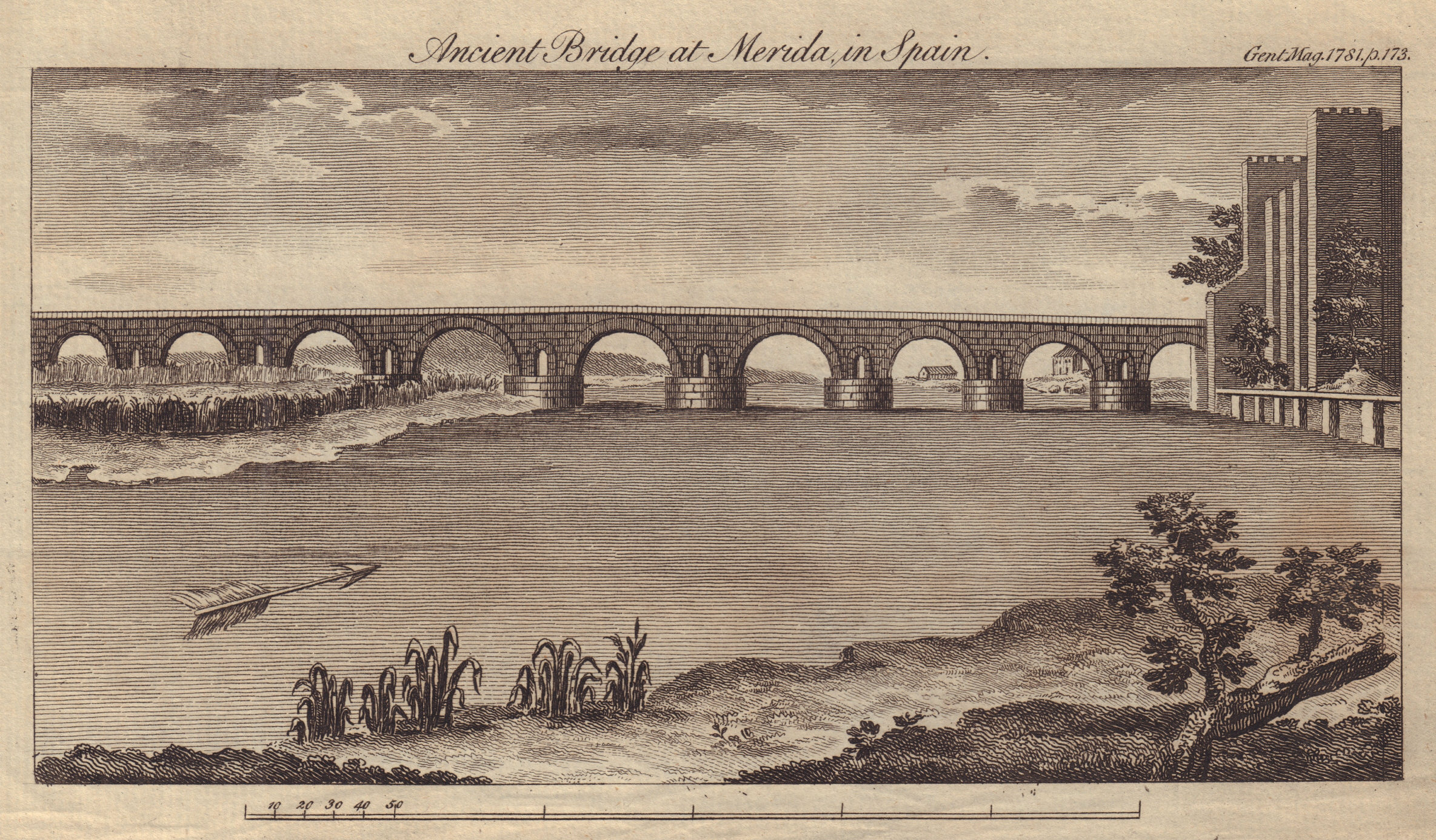 Ancient Bridge at Merida in Spain. Puente Romano, Mérida. GENTS MAG 1781 print