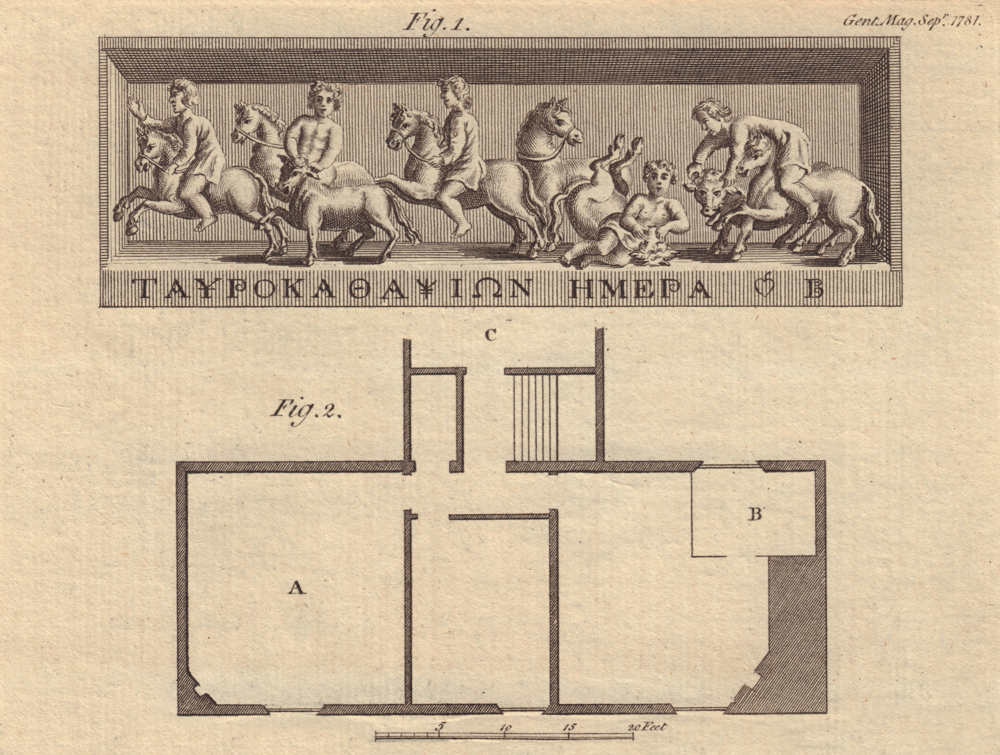 Associate Product Roman Bull-fight. Newton's birthplace, Woolsthorpe, Lincolnshire 1781 print