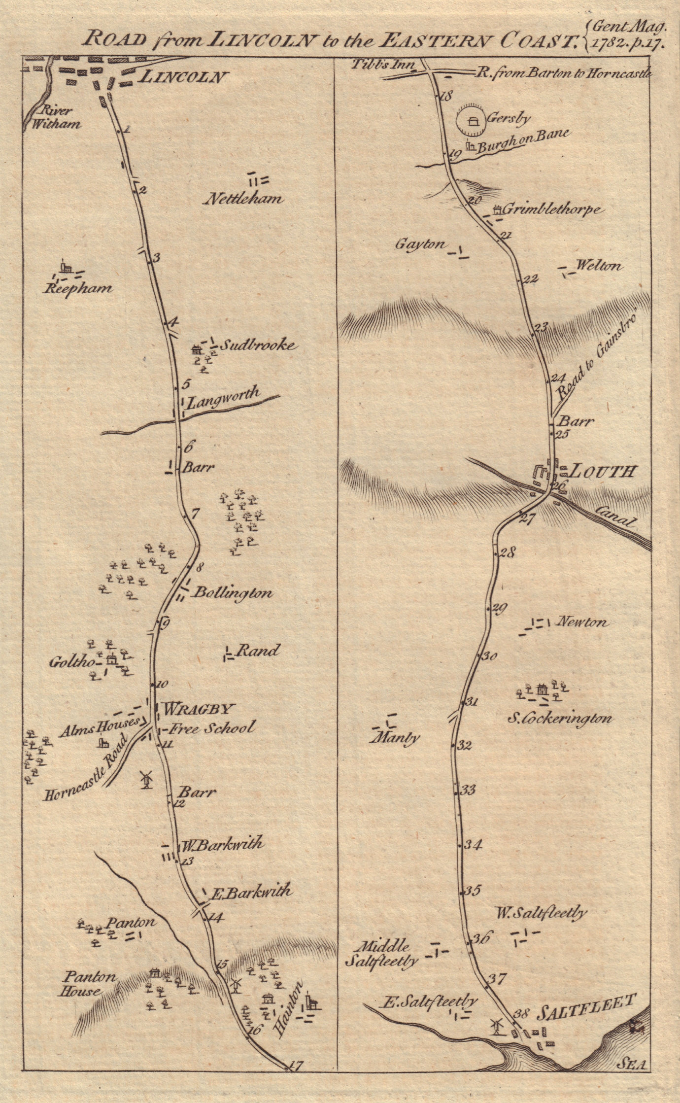 Road from Lincoln-Wragby-Louth-Saltfleet strip map. GENTS MAG 1782 old