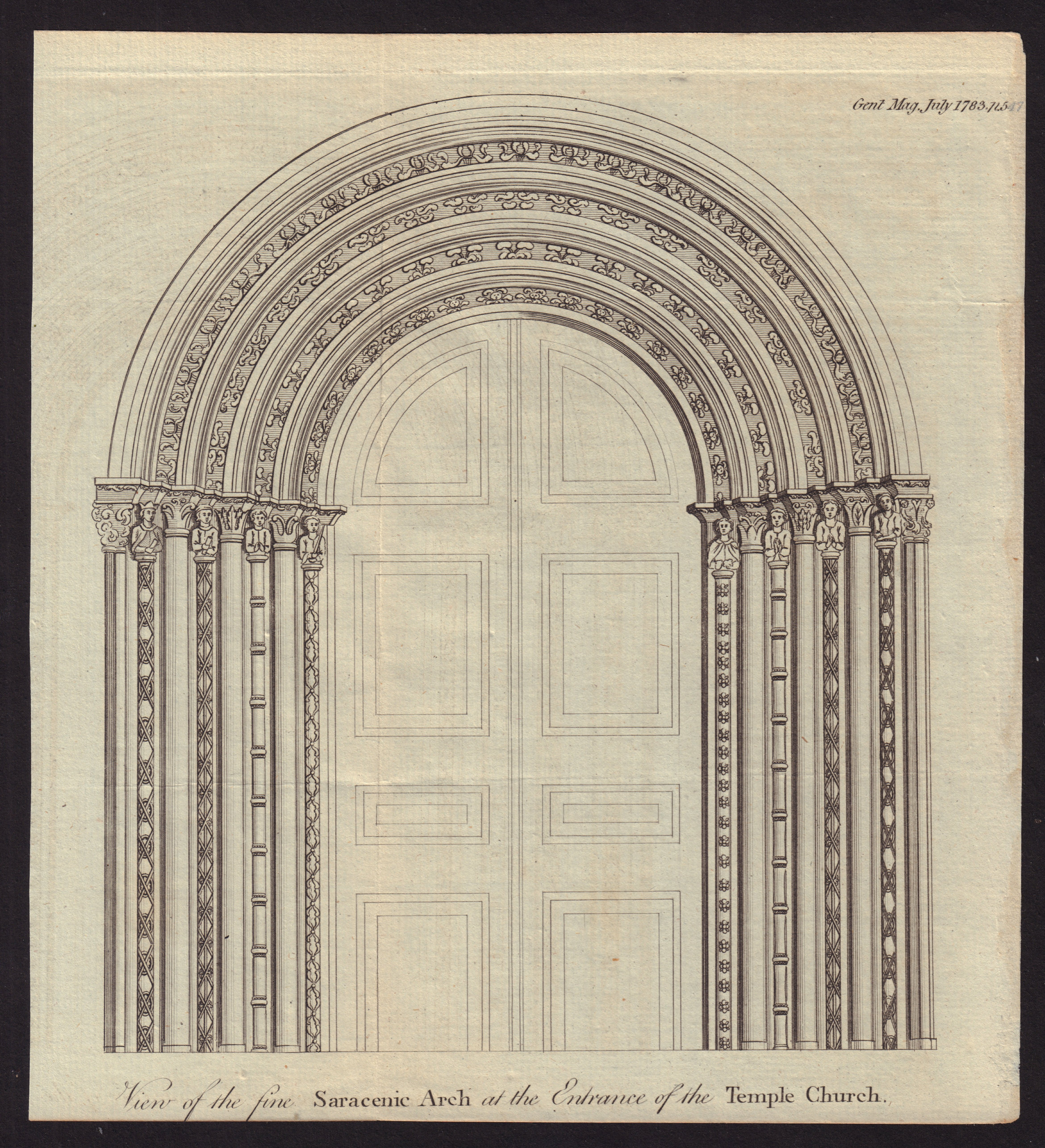 The Saracenic Arch at the Entrance of the Temple Church, London 1783 old print