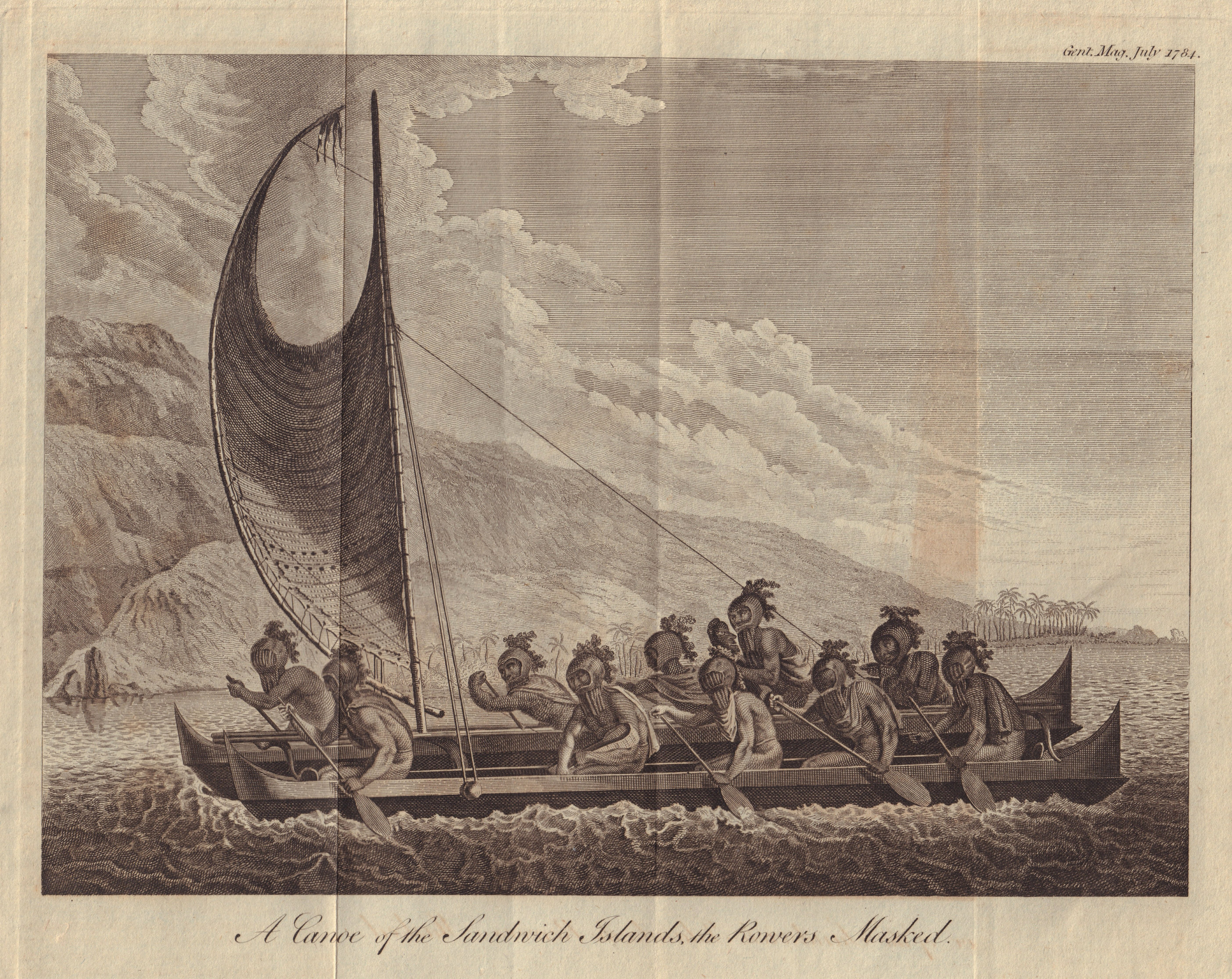 A Canoe of the Sandwich Islands, the Rowers Masked. Hawaiian drua catamaran 1784