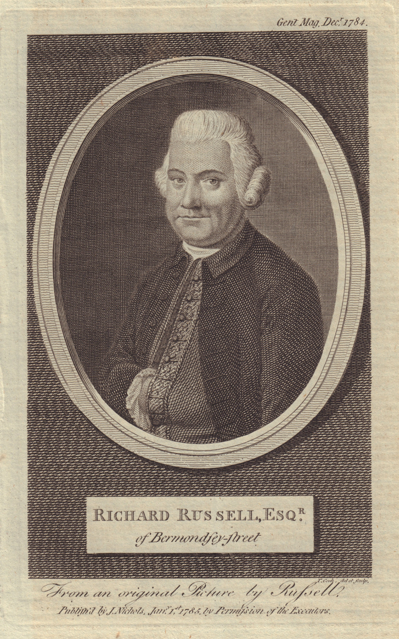 Richard Russell Esq.r of Bermondsey Street. GENTS MAG 1784 old antique print