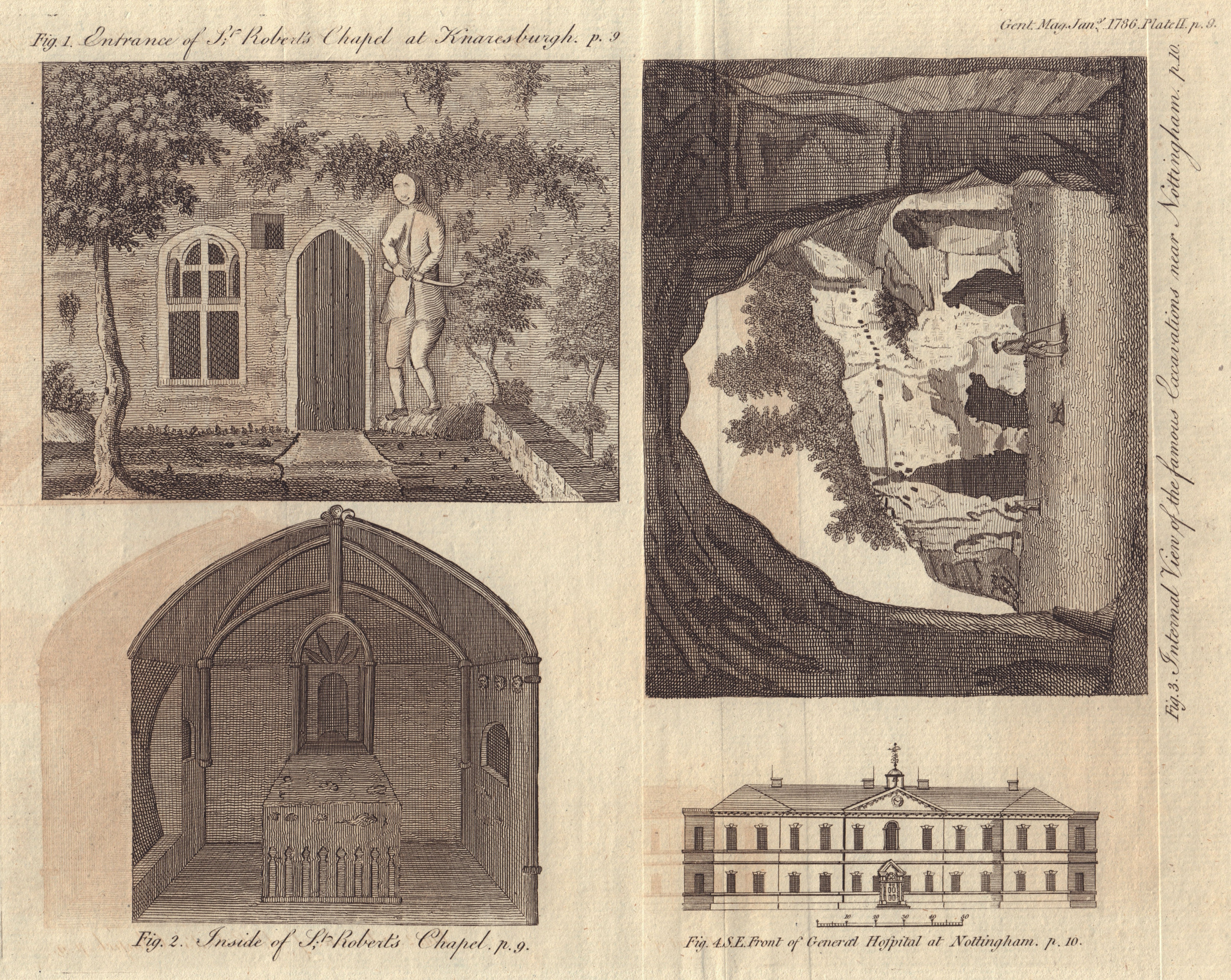 St. Robert's Chapel Knaresborough. Nottingham papist holes & Hospital 1786