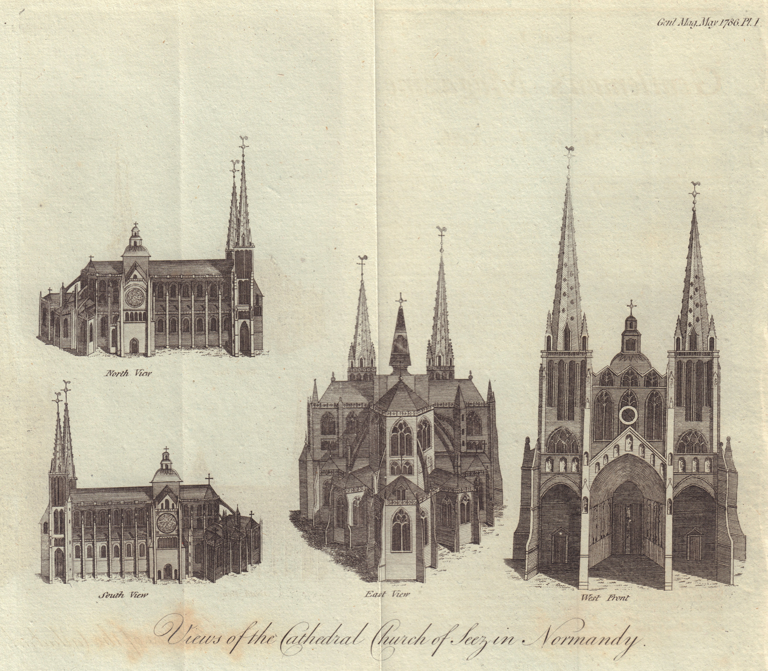 Four views of the Cathedral Church of Seez (Sées) in Normandy. Orne 1786 print