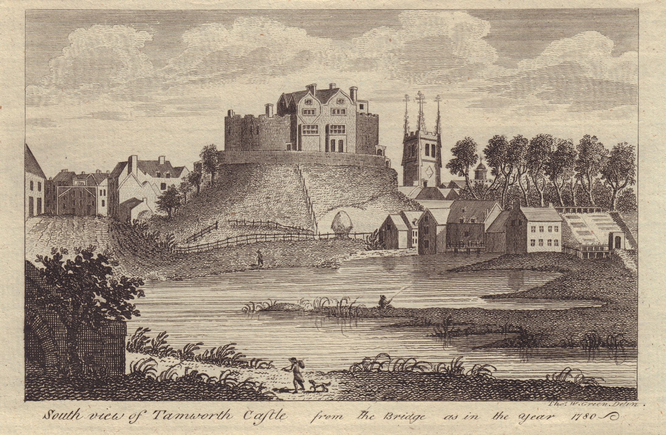 South view of Tamworth Castle and part of the Town in 1780. Staffordshire 1790