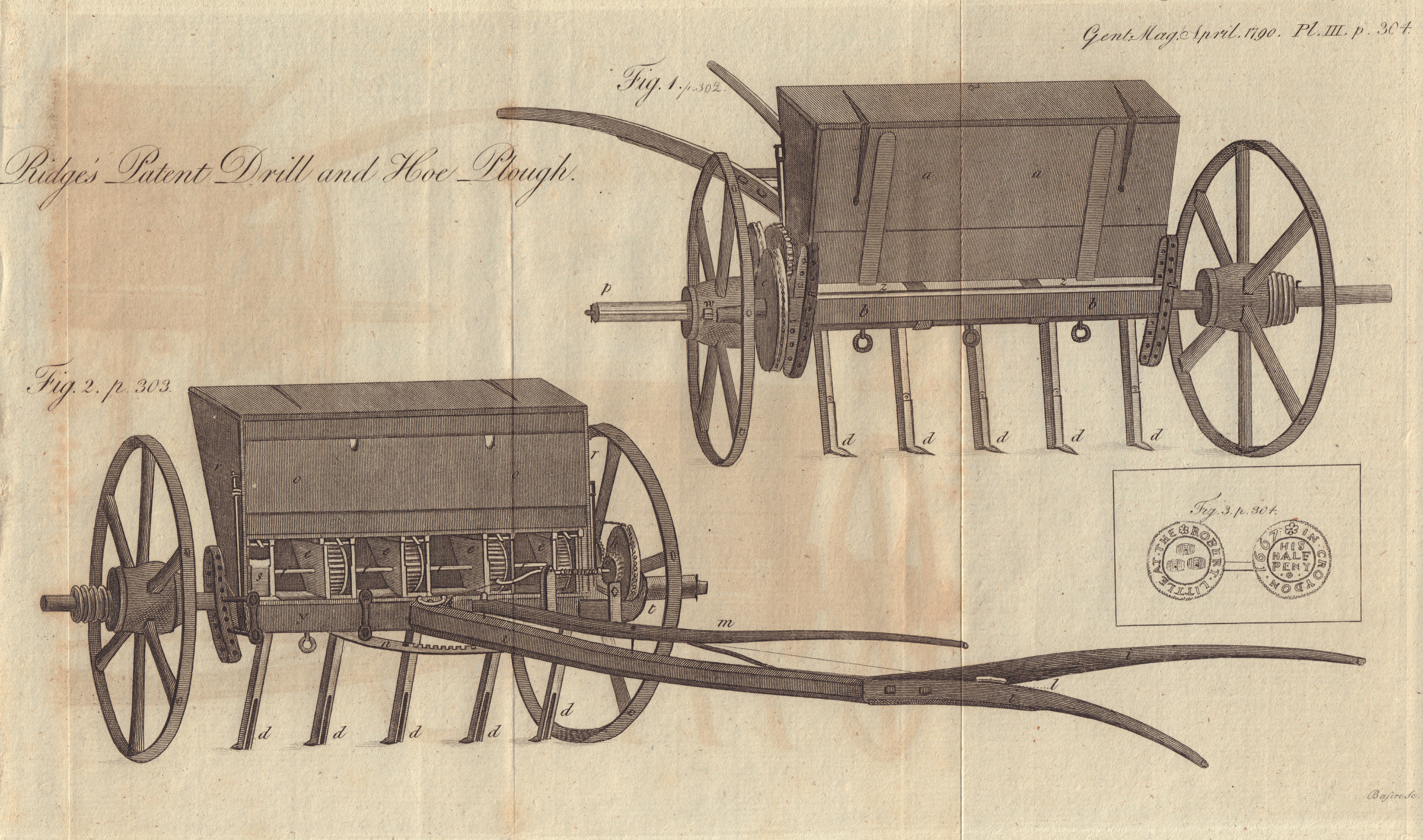 Ridge's Patent Drill & Hoe Plough. Token "Robert Little" in Croydon, 1667.  1790