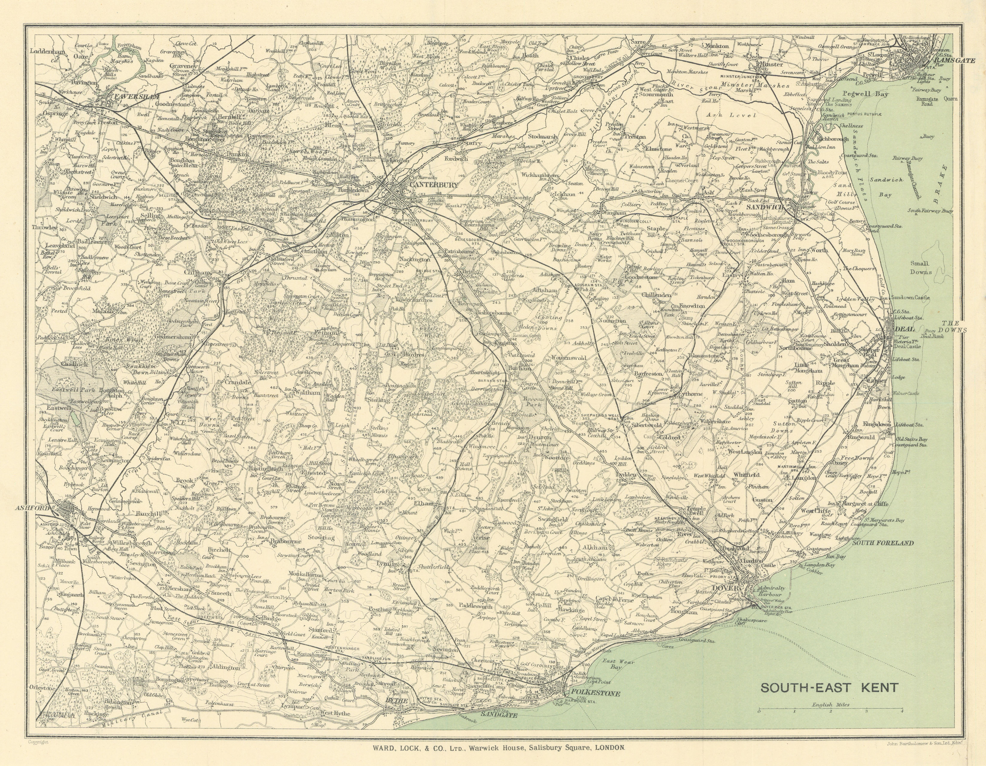 Associate Product SOUTH EAST KENT Canterbury Deal Dover Folkestone Ashford Faversham 1924 map