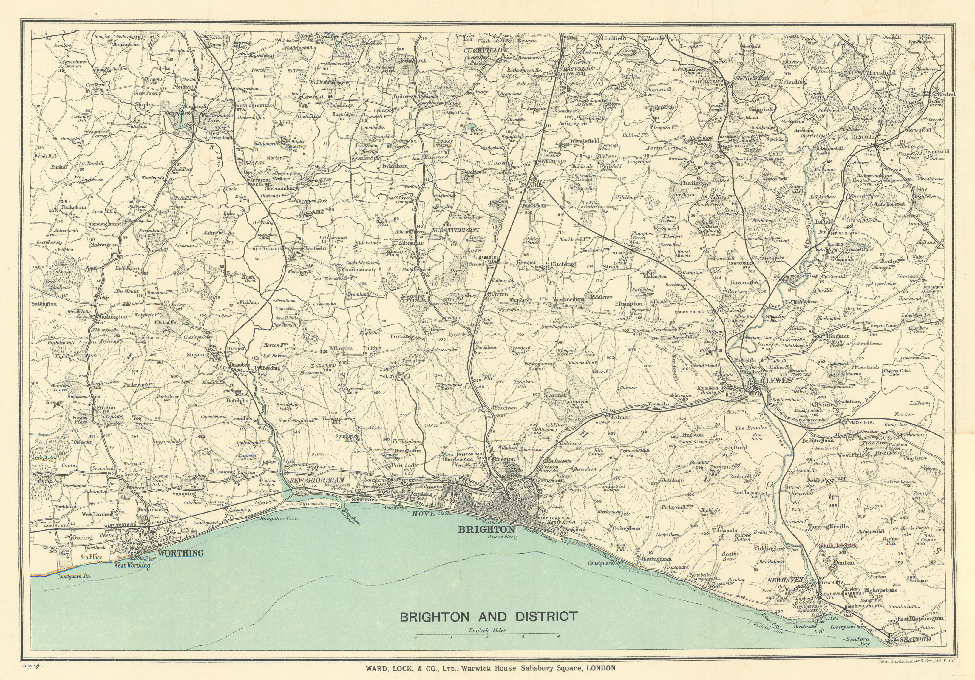 Associate Product BRIGHTON & environs. Worthing Lewes Hove Shoreham. Sussex. South Downs 1922 map