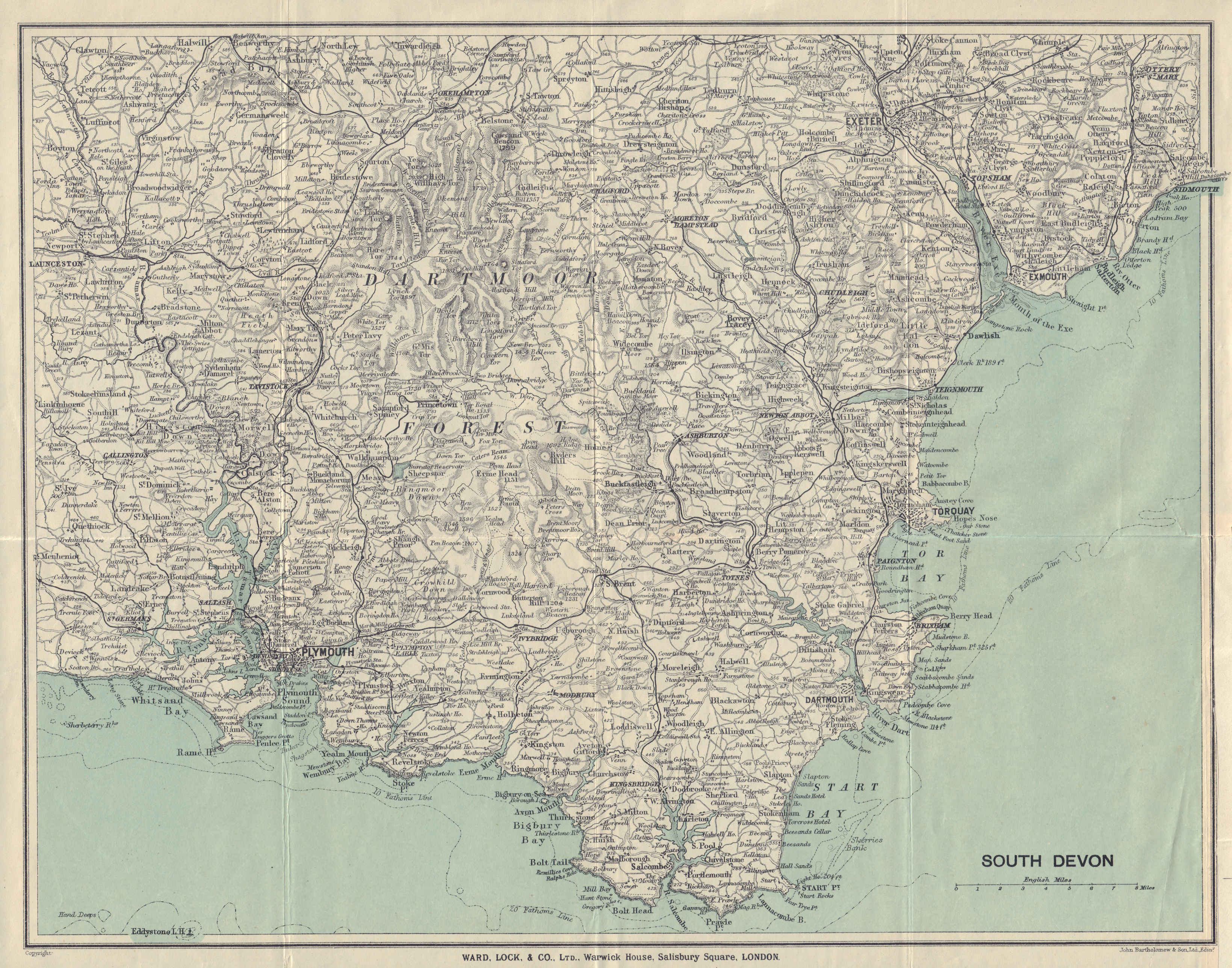 Associate Product SOUTH DEVON. Dartmoor South Hams Torquay Tamar Valley Plymouth Exeter 1920 map