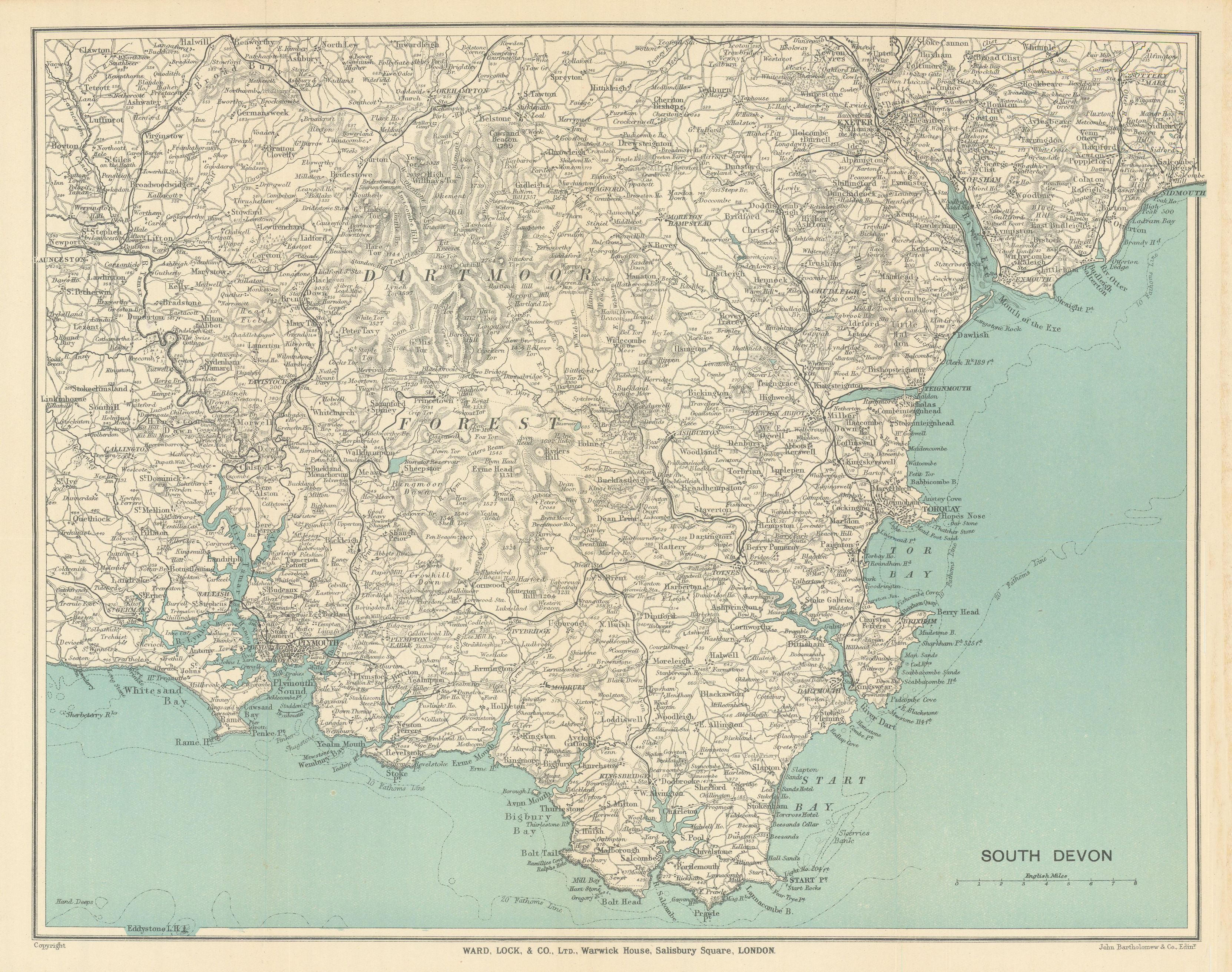 Associate Product SOUTH DEVON. Dartmoor South Hams Torquay Tamar Valley Plymouth Exeter 1912 map