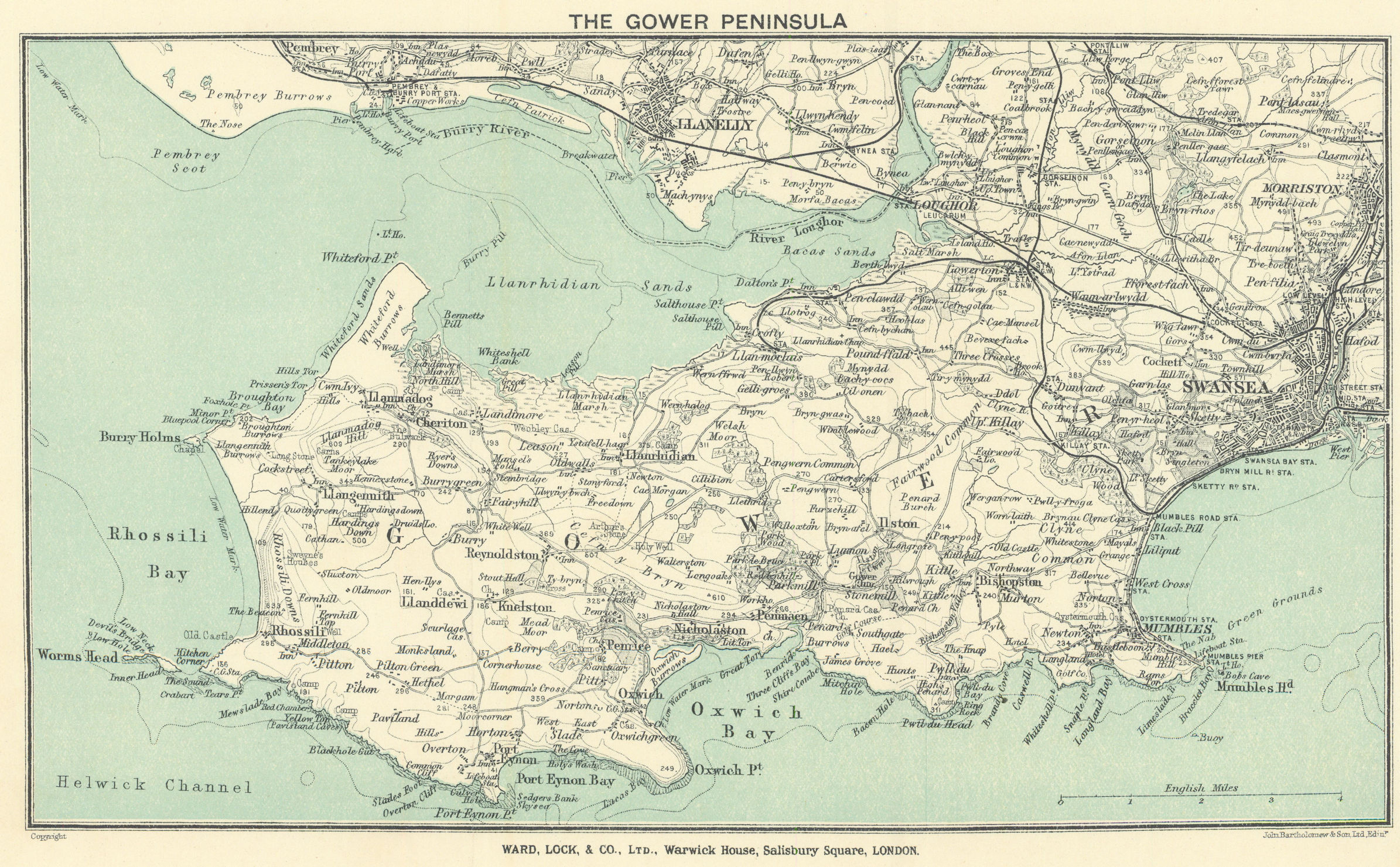 THE GOWER PENINSULA. Llanelli Swansea Mumbles. Wales. WARD LOCK 1925 old map