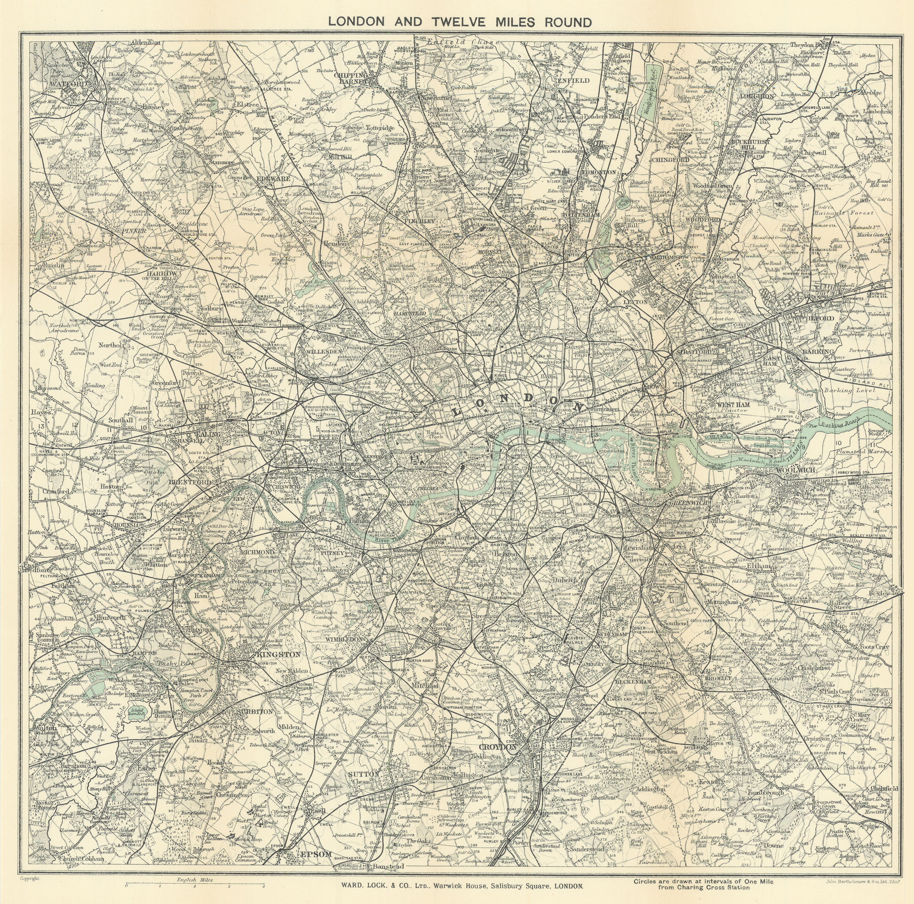 Associate Product 'LONDON AND TWELVE MILES ROUND'. Greater London. WARD LOCK 1921 old map