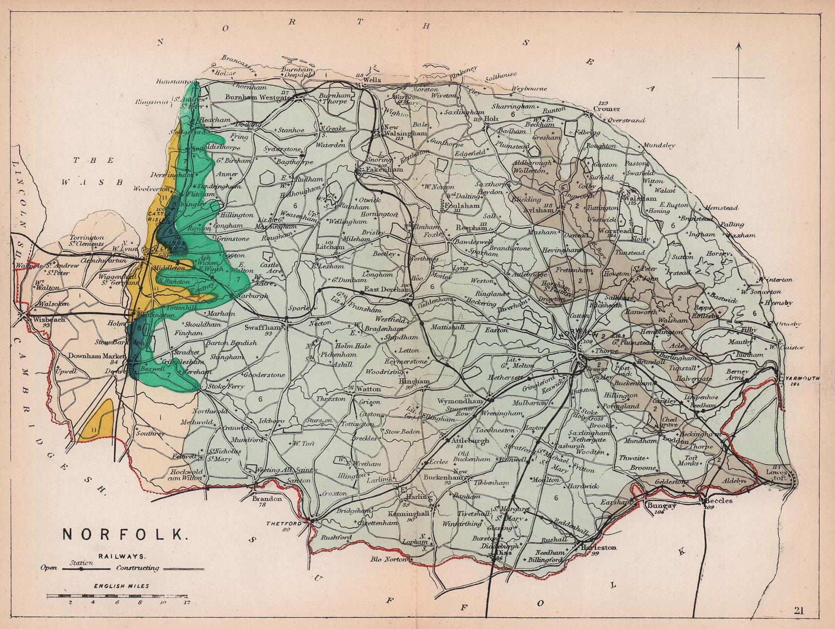 NORFOLK antique geological county map by James Reynolds 1864