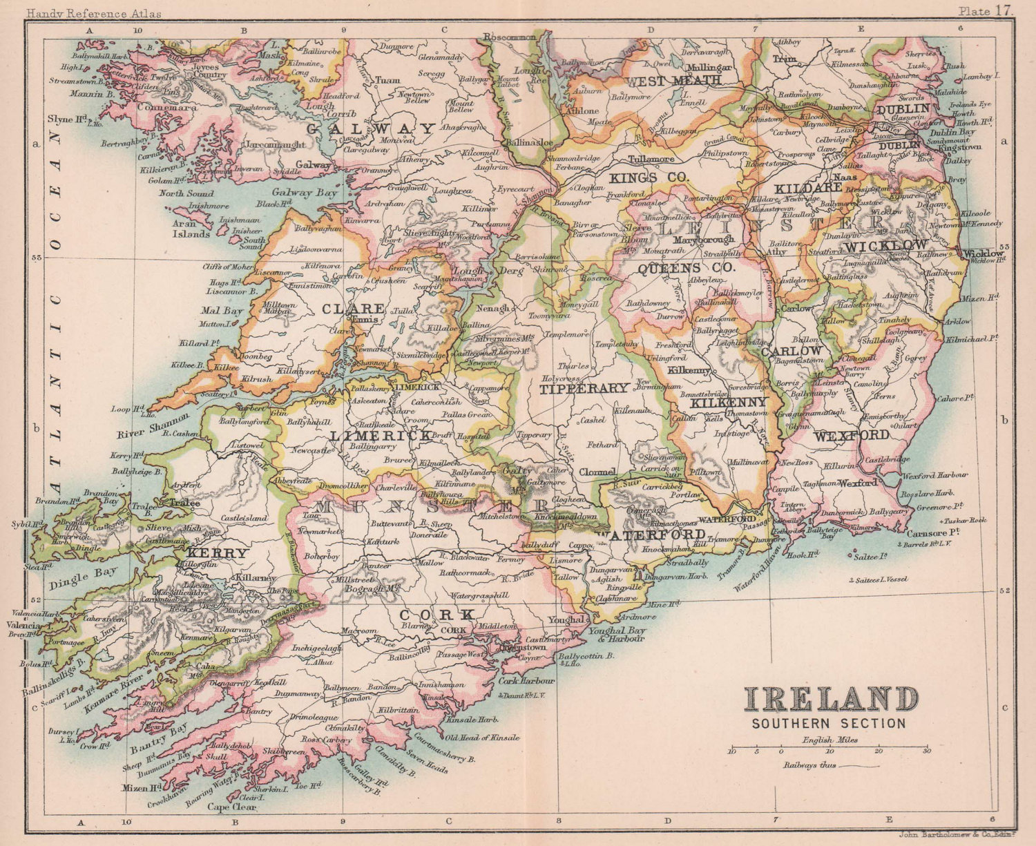 Associate Product Ireland, Southern section. BARTHOLOMEW 1888 old antique vintage map plan chart