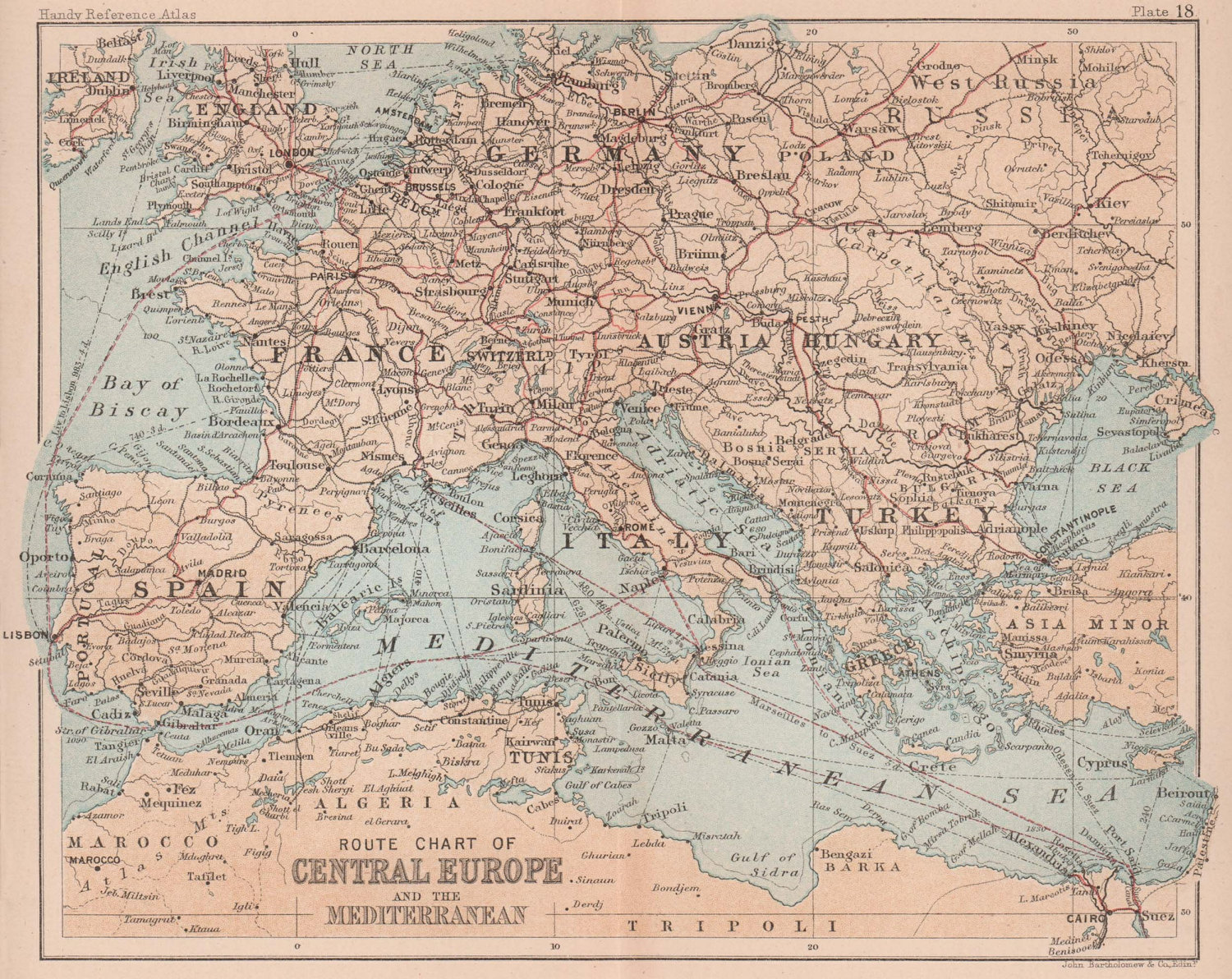 Associate Product Central Europe & Mediterranean routes. Railways. Steamers. BARTHOLOMEW 1888 map