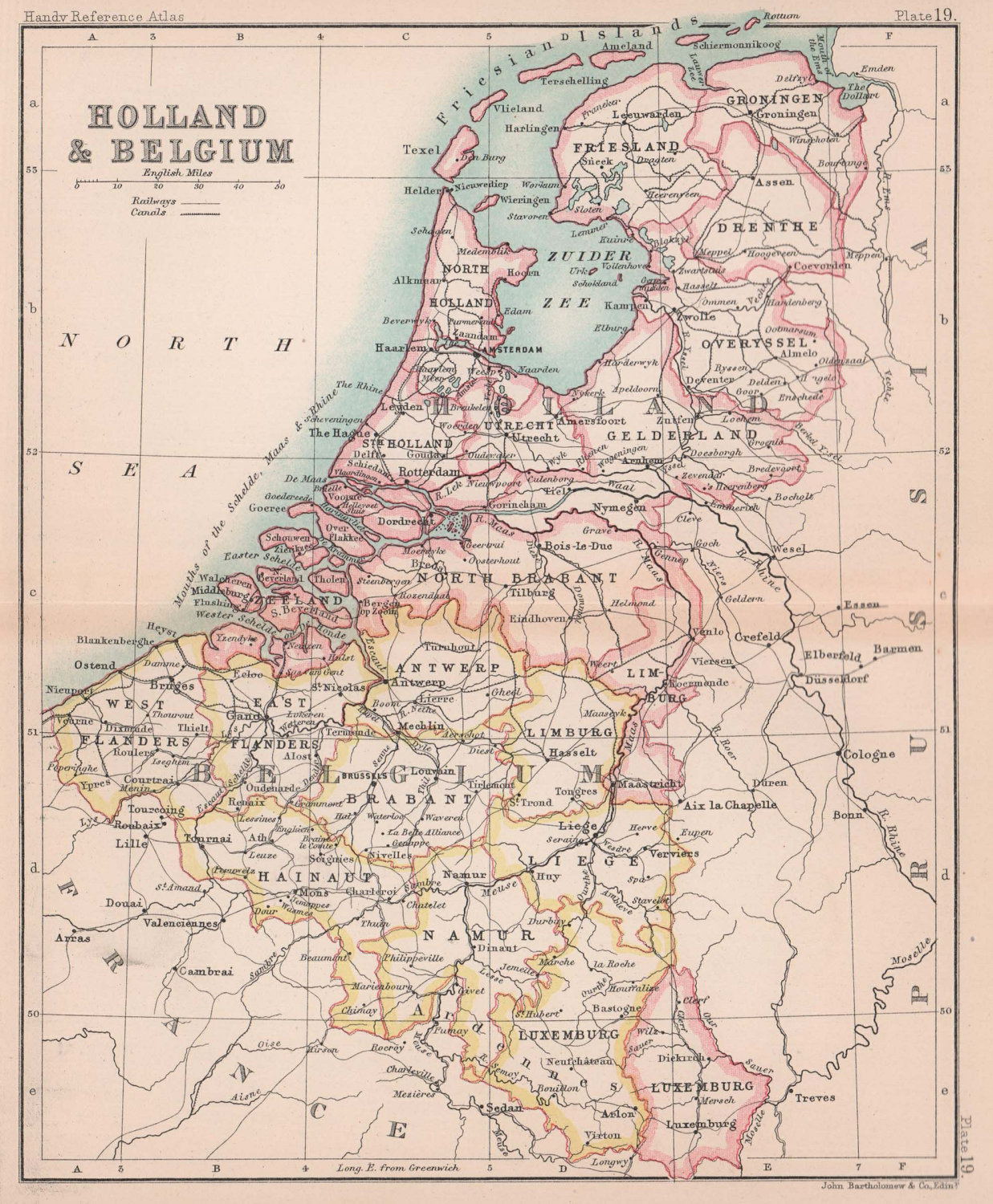 Holland & Belgium. Netherlands. BARTHOLOMEW 1888 old antique map plan chart