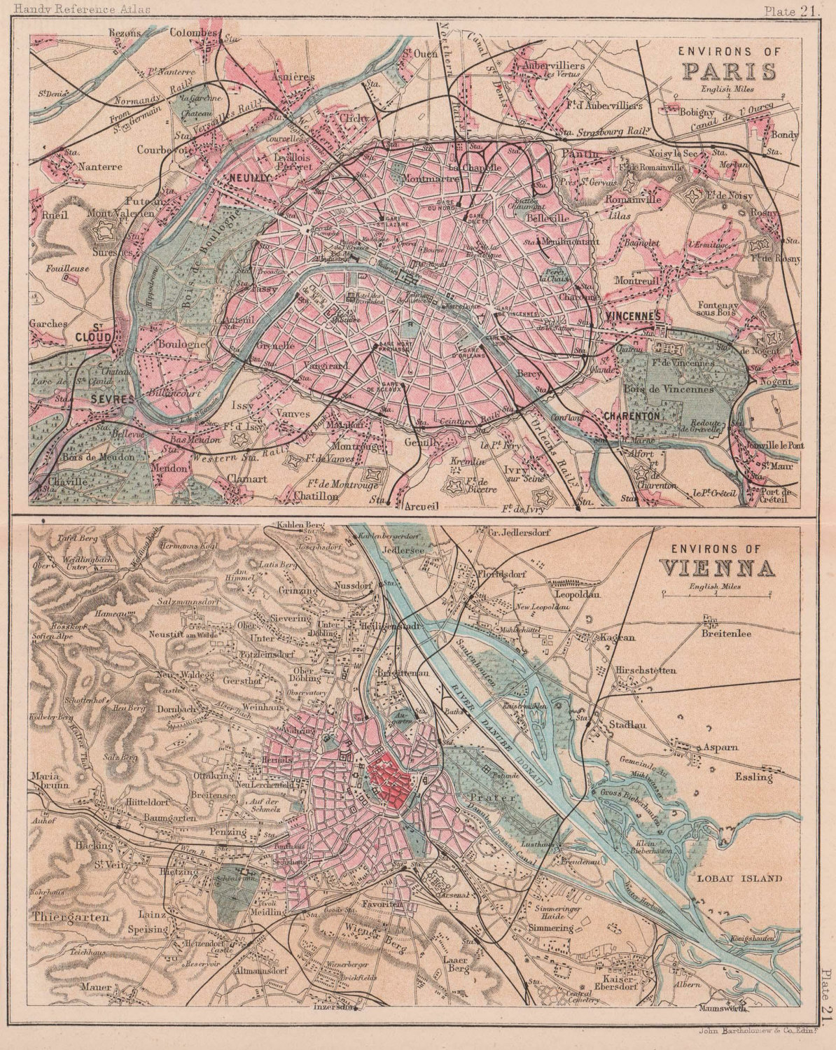 Associate Product Environs of Paris & Vienna. City sketch plans. BARTHOLOMEW 1893 old map