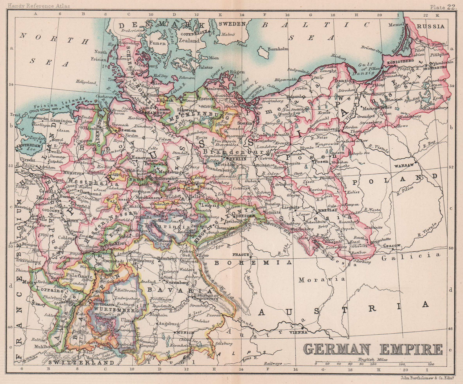 German Empire. Germany Prussia Poland. BARTHOLOMEW 1888 old antique map chart
