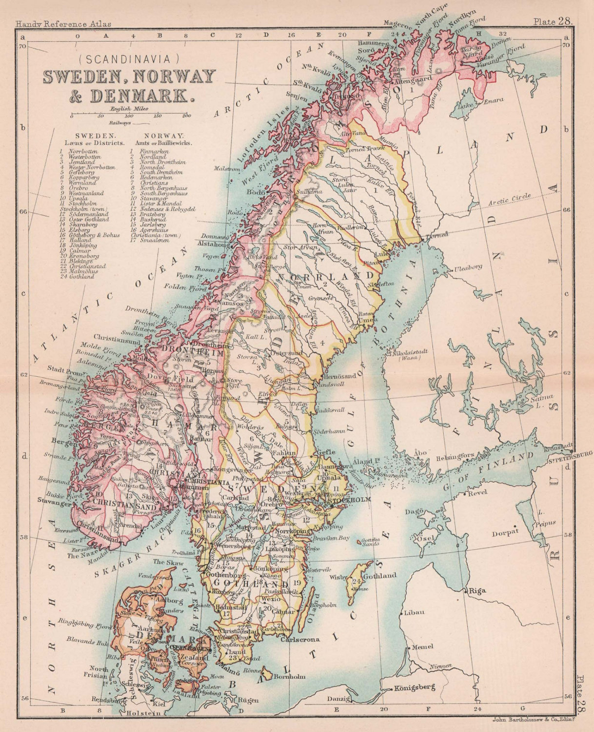 Sweden, Norway, & Denmark. Scandinavia. BARTHOLOMEW 1888 old antique map chart