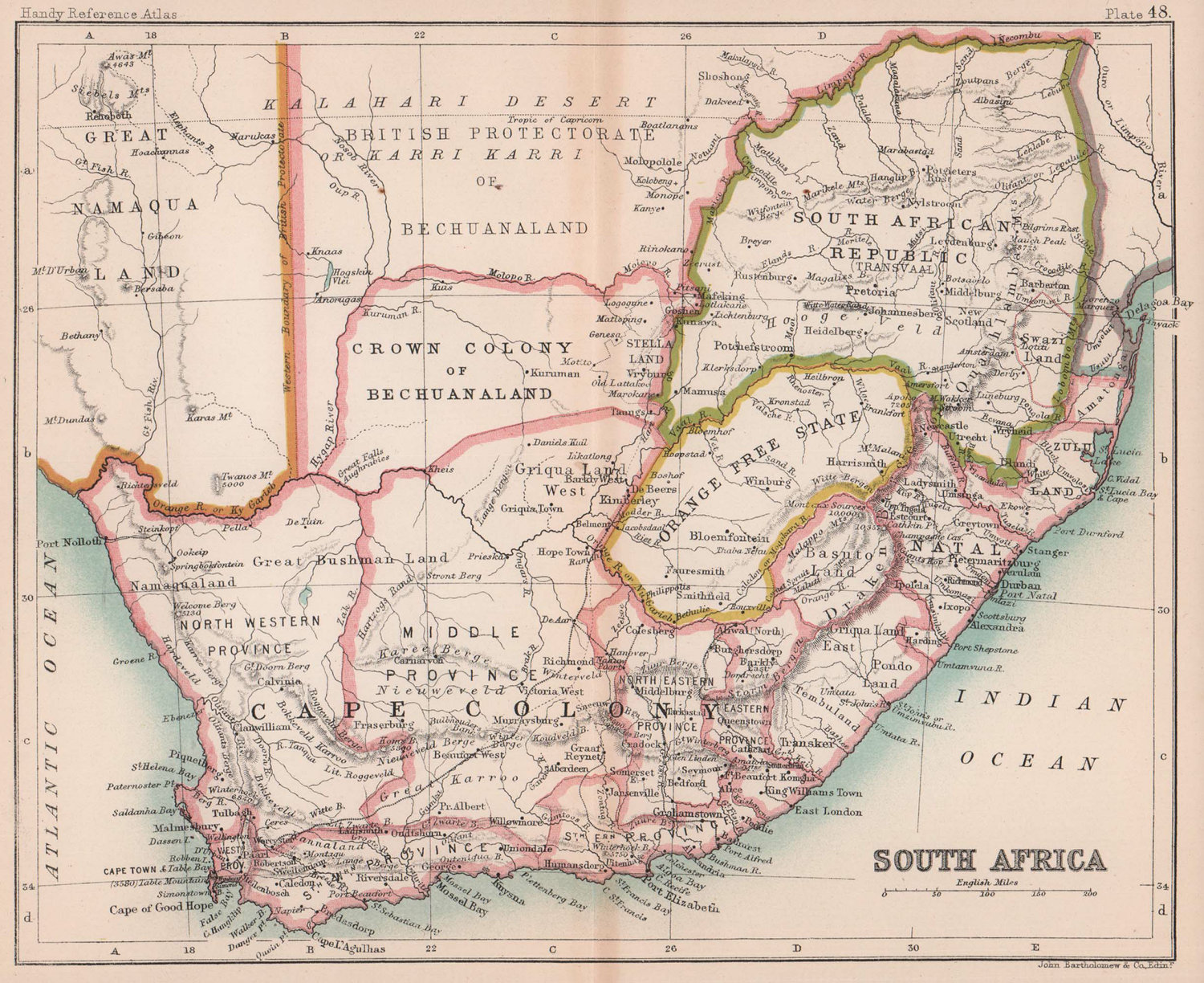 South Africa. Cape Colony. Bechuanaland. BARTHOLOMEW 1888 old antique map