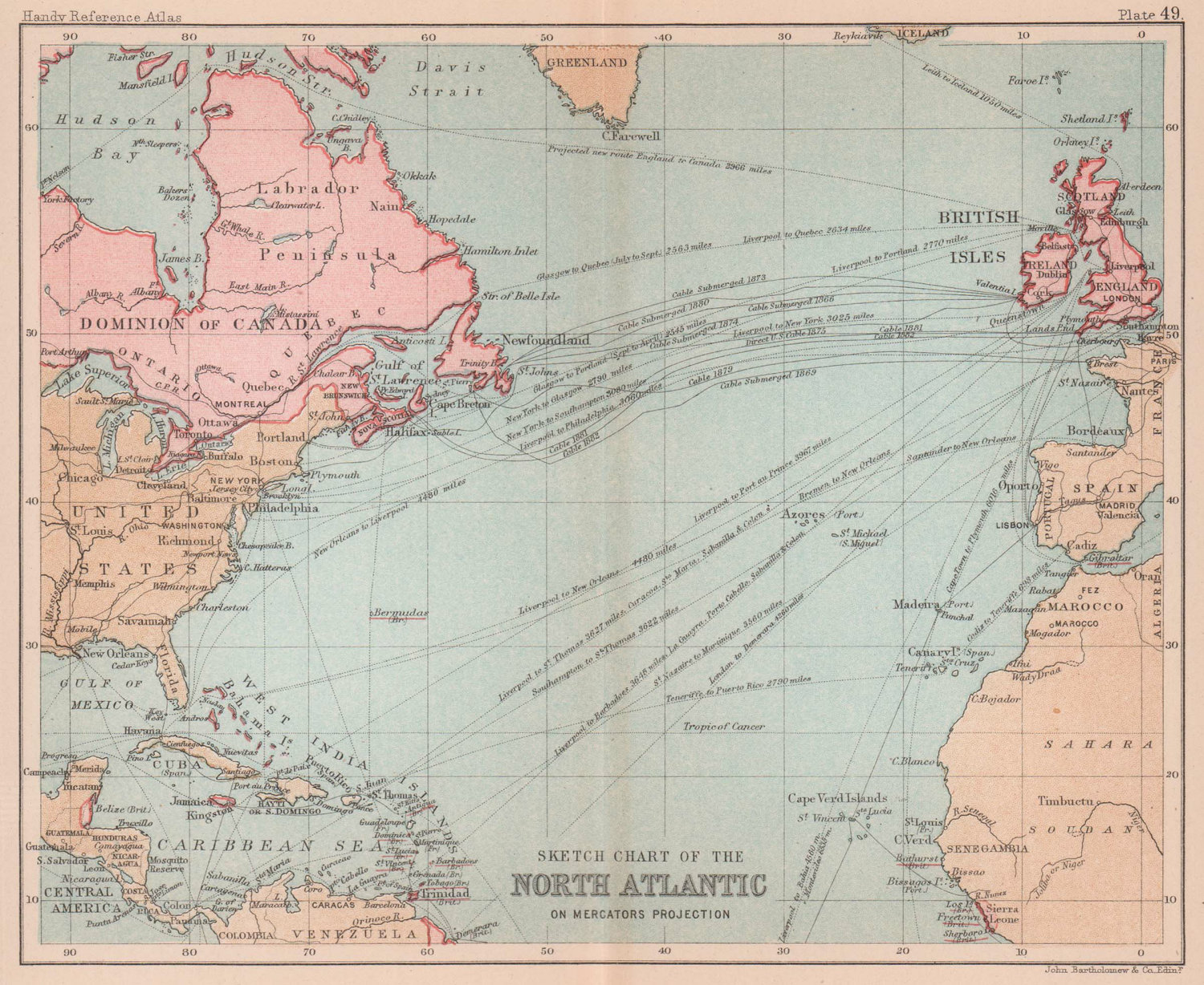 Chart of the North Atlantic. Shipping routes. Telegraphs. BARTHOLOMEW 1893 map