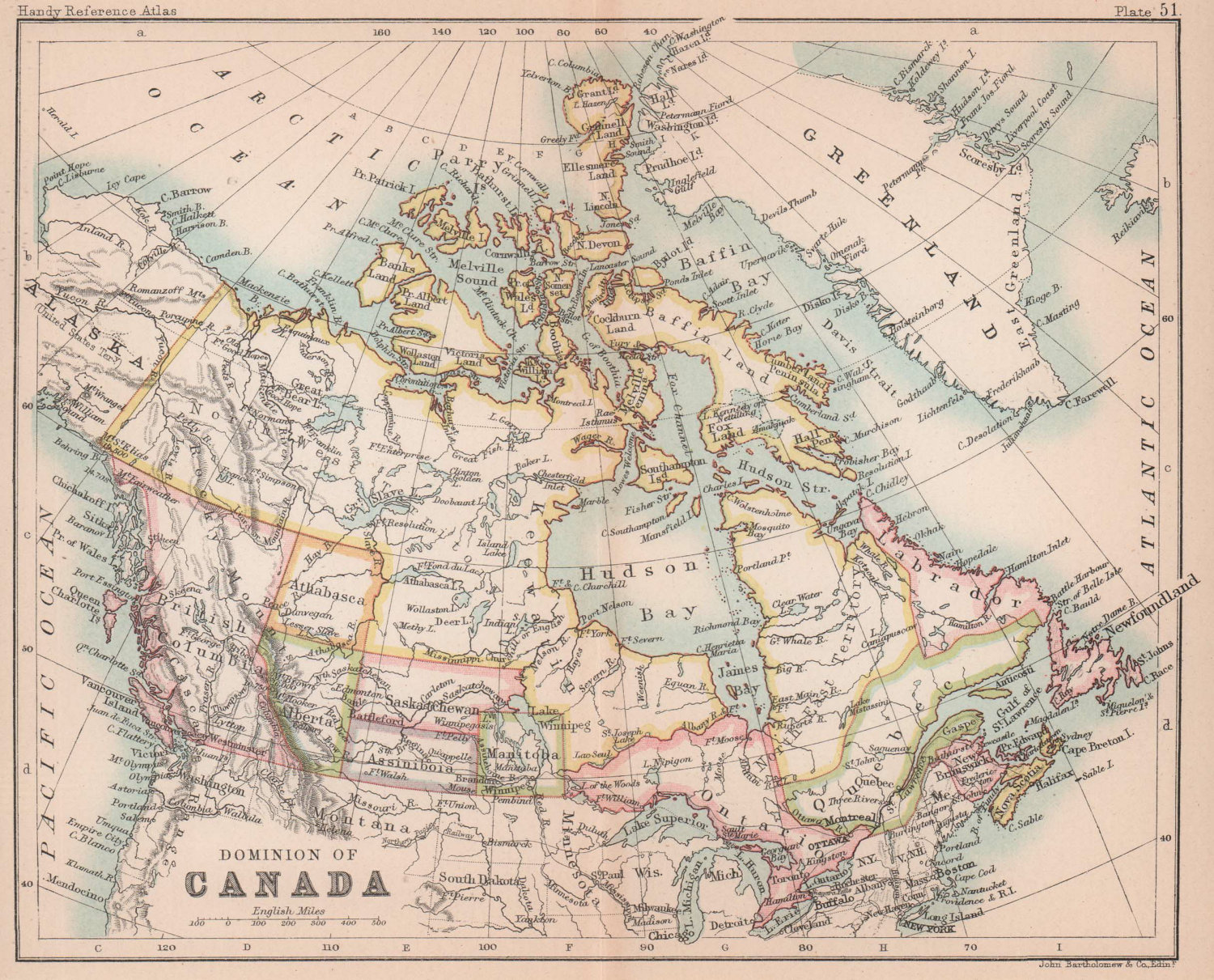 Associate Product Dominion of Canada. Manitoba postage stamp. Athabasca. BARTHOLOMEW 1888 map
