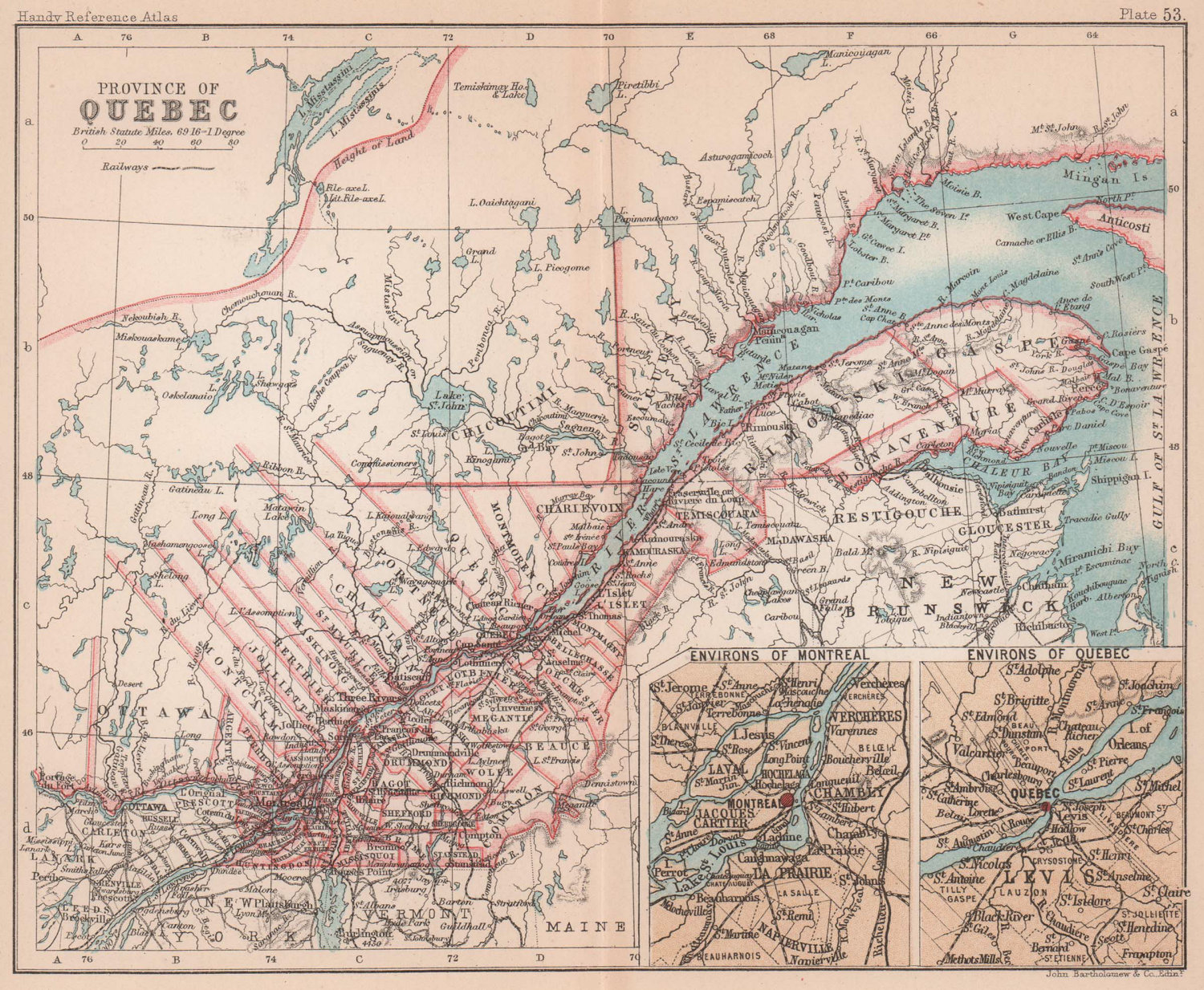 Quebec Province. Montreal & Quebec City environs. Canada. BARTHOLOMEW 1893 map