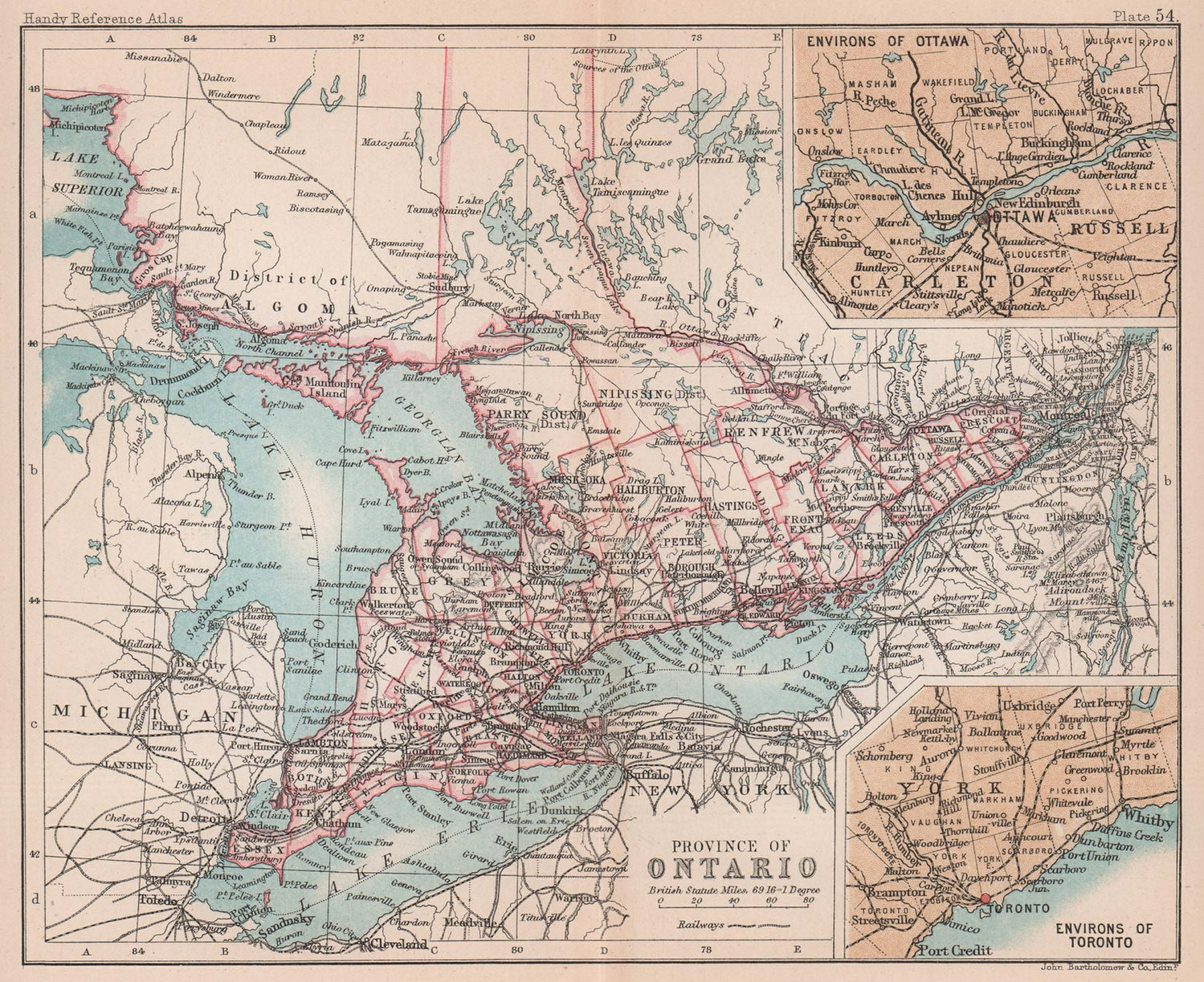 Ontario Province. Ottawa & Toronto environs. Canada. BARTHOLOMEW 1888 old map