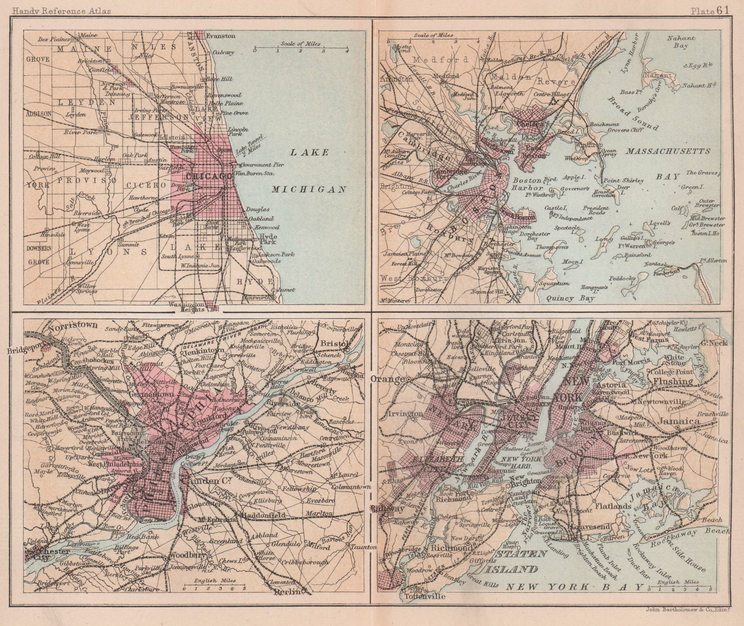 Associate Product New York, Boston, Philadelphia & Chicago. US Cities. BARTHOLOMEW 1888 old map