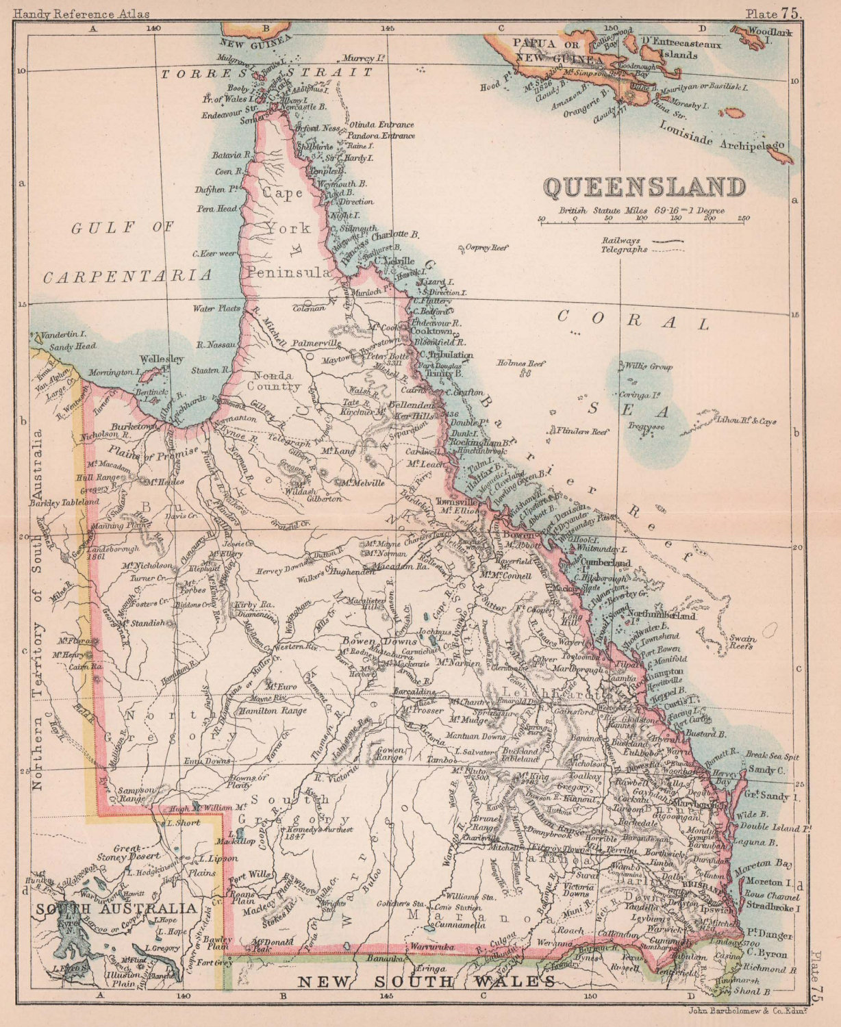Queensland. BARTHOLOMEW 1893 old antique vintage map plan chart
