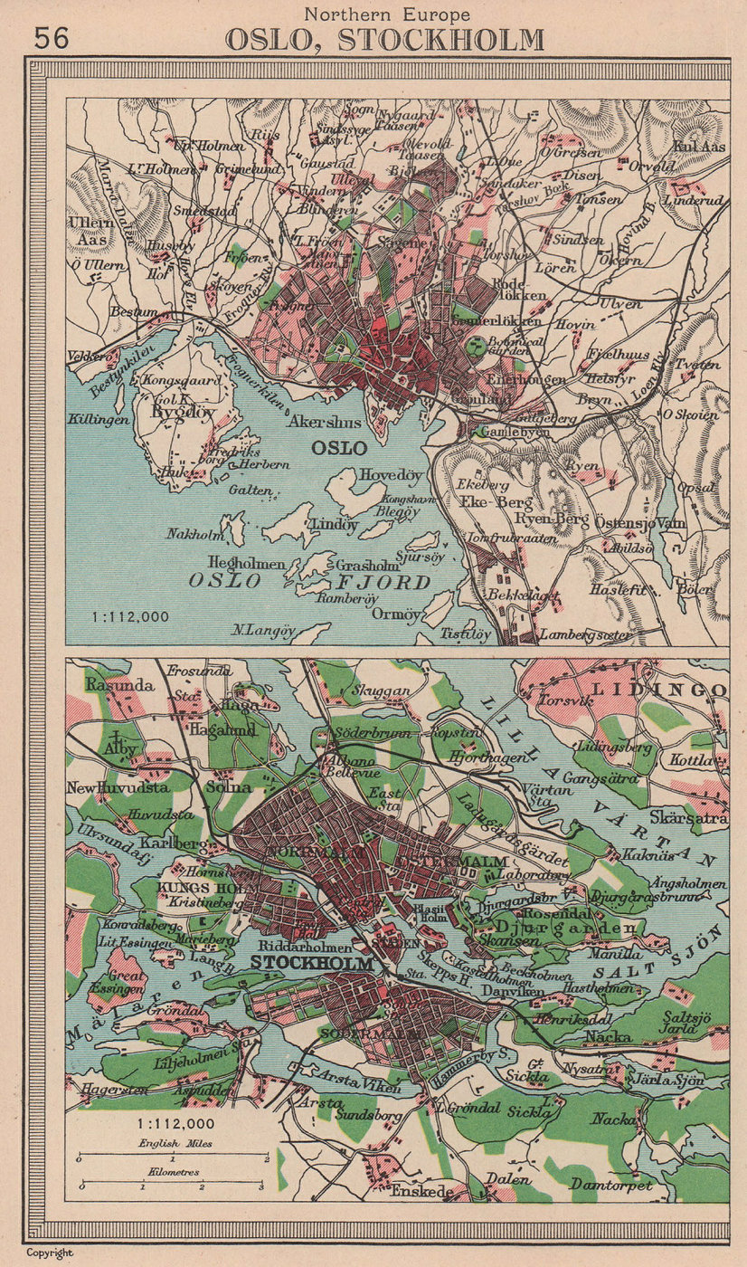 Associate Product Scandinavian cities. Oslo & Stockholm environs. BARTHOLOMEW 1949 old map