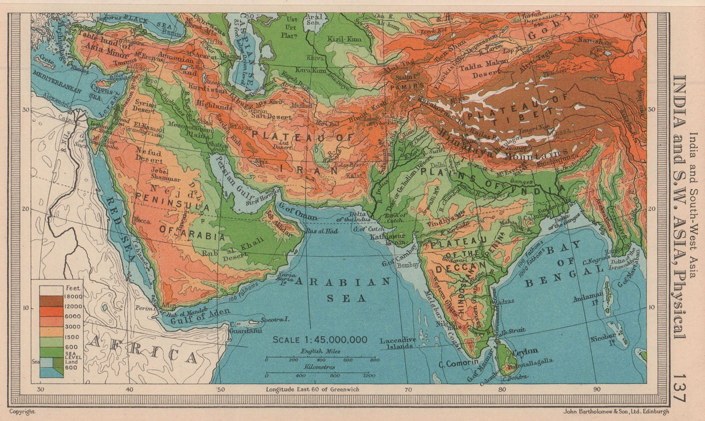 Associate Product India and South West Asia - Physical. BARTHOLOMEW 1949 old vintage map chart