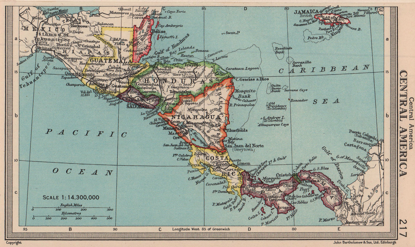 Central America Panama Guatemala Nicaragua Costa Rica British Honduras 1944 Map 9830