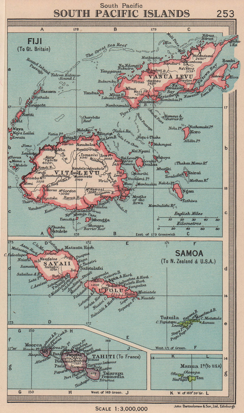South Pacific Islands. Fiji Samoa Tahiti. BARTHOLOMEW 1949 old vintage map