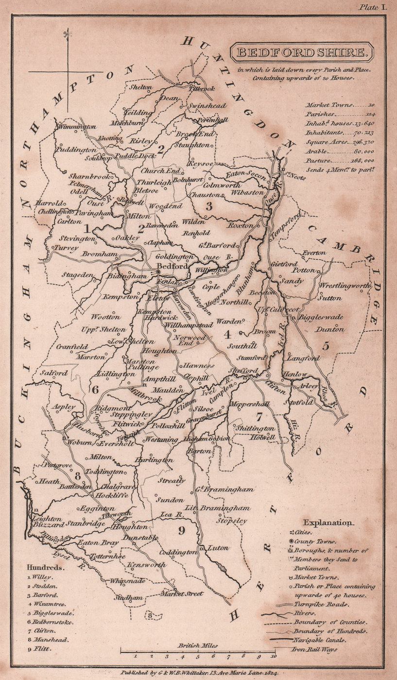 Bedfordshire antique copperplate county map by Benjamin Pitts Capper 1825