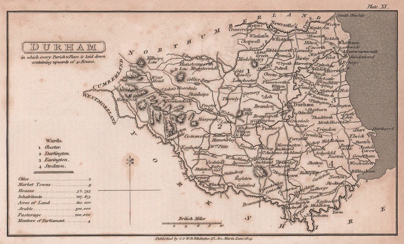 Associate Product Durham antique copperplate county map by Benjamin Pitts Capper 1825 old