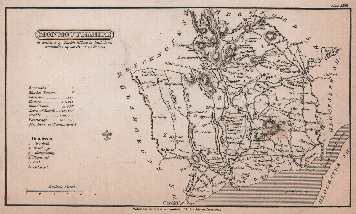 Associate Product Monmouthshire antique copperplate county map by Benjamin Pitts Capper 1825