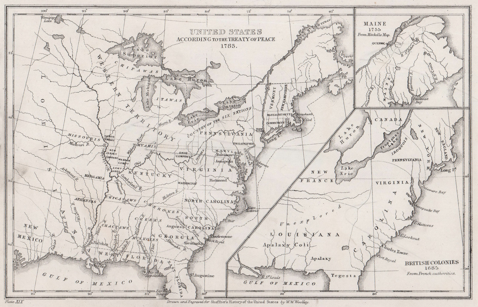 United States according to the 1783 Peace Treaty. British Colonies 1685 1863 map