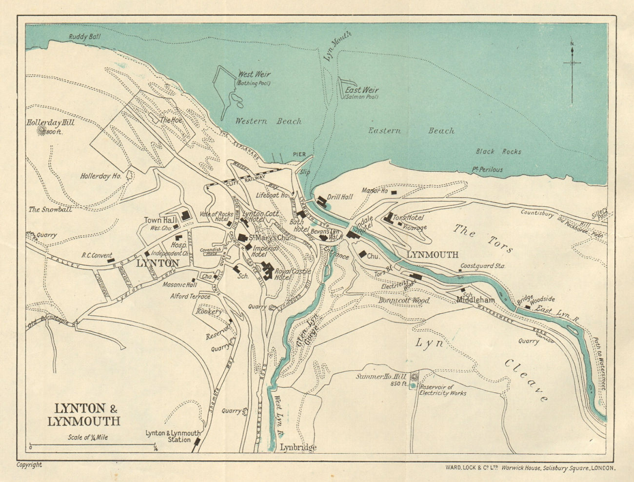 Lynton & Lynmouth Vintage Town City Plan. Devon. Ward Lock 1934 Old Map