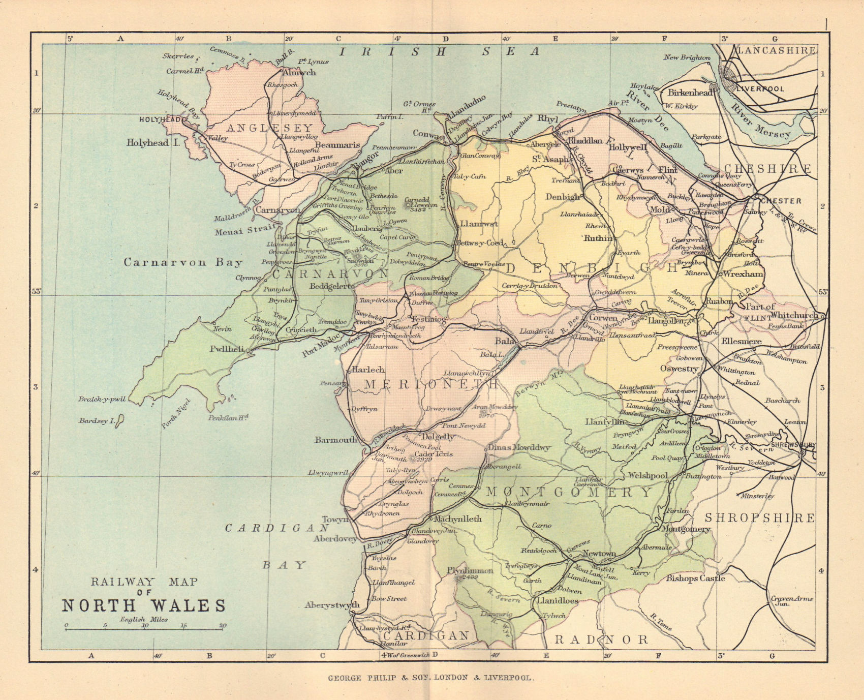 WALES Railway Map of North Wales BARTHOLOMEW 1885 old antique plan chart