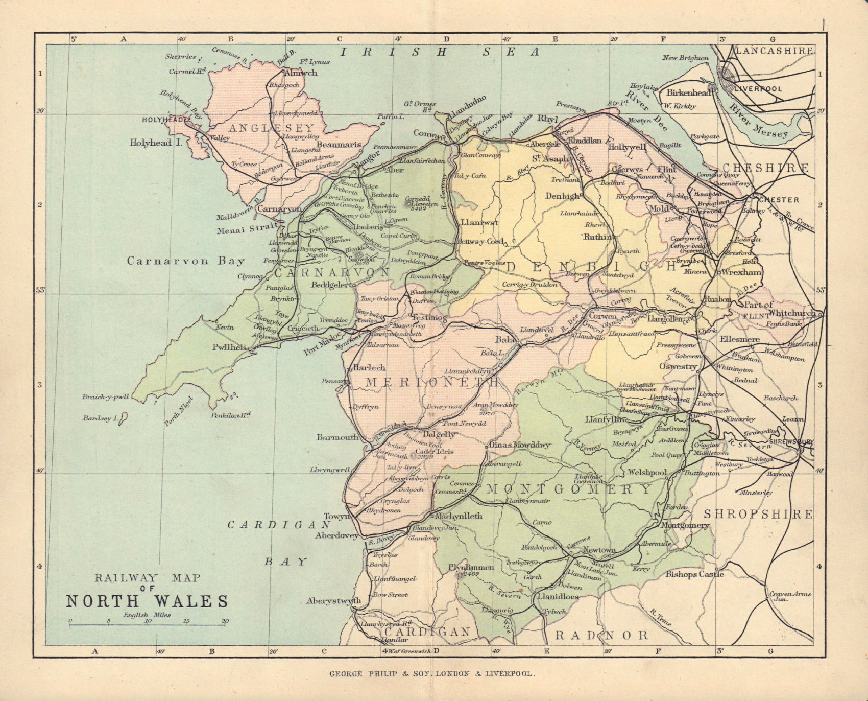 WALES Railway Map of North Wales BARTHOLOMEW 1890 old antique plan chart