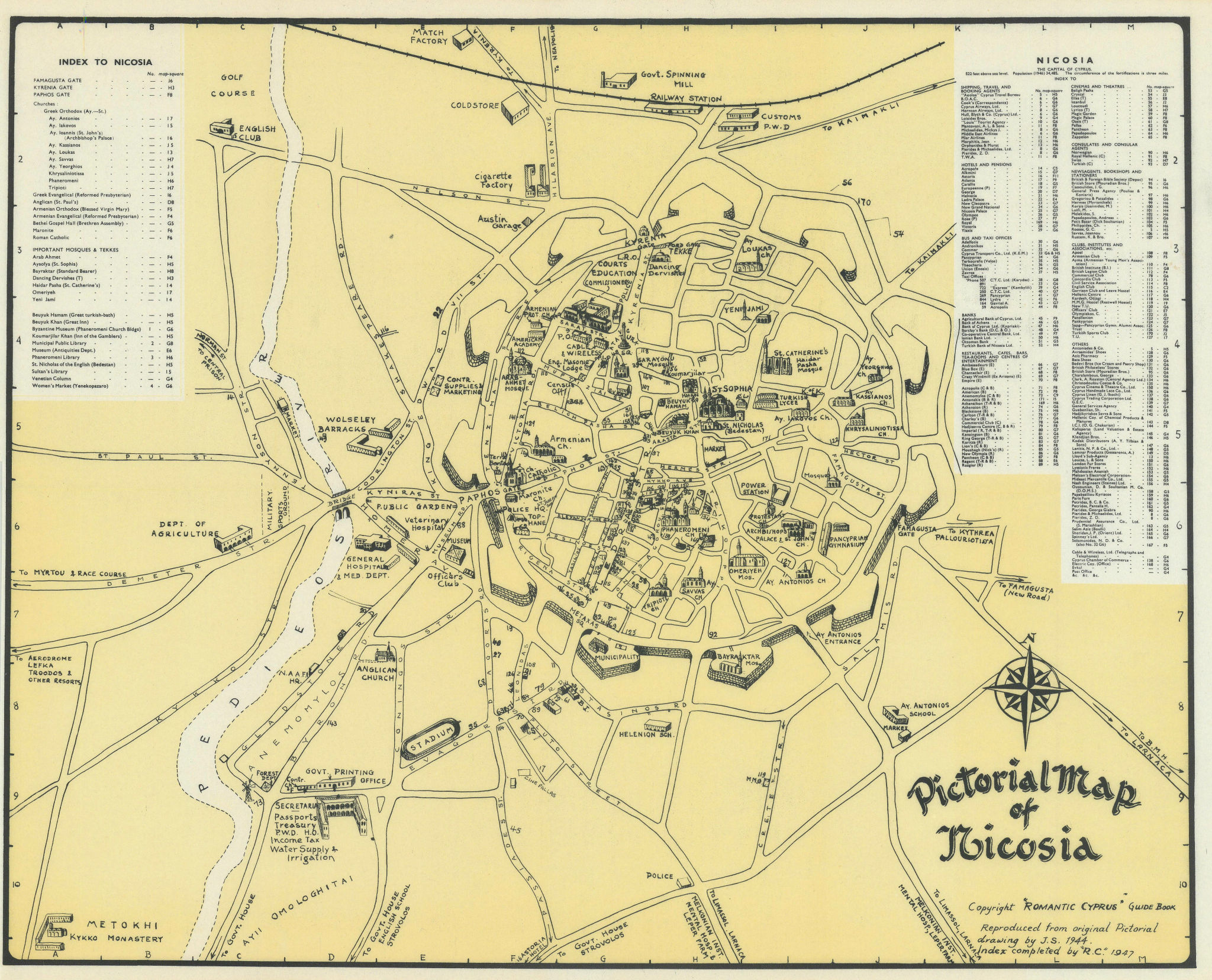 Pictorial Map Of Nicosia Environs Vintage Town City Plan Cyprus   P 6 102495a 