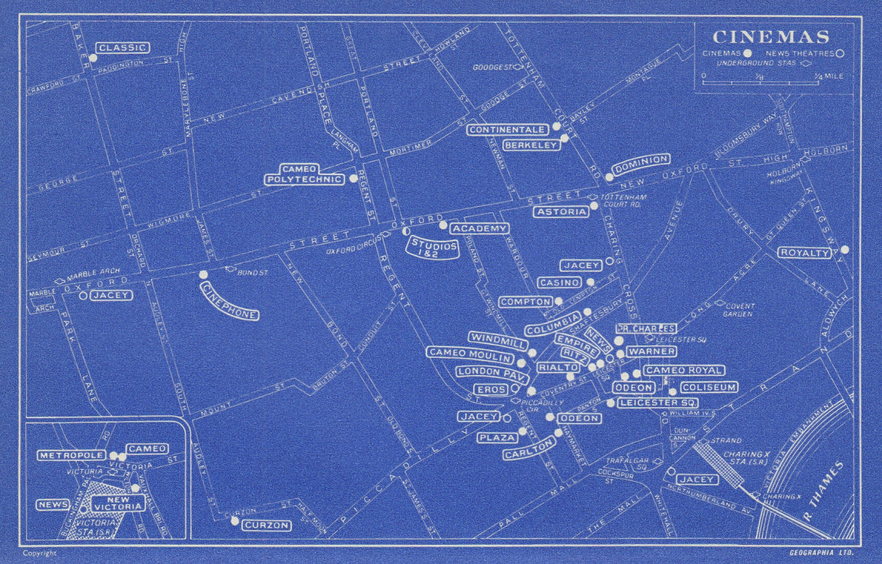 Associate Product LONDON WEST END CINEMAS & NEWS THEATRES Jacey Cinephone Eros Ritz Odeon 1965 map