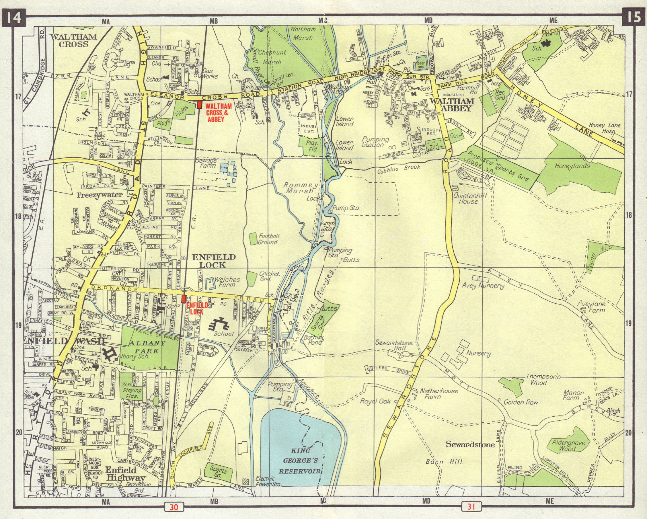 Associate Product NE LONDON Waltham Cross Abbey Enfield Lock Wash Sewardstone Freezy W 1965 map