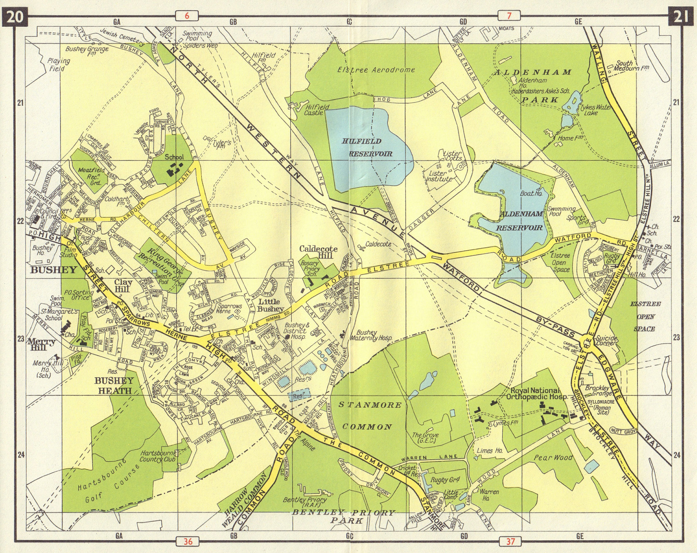 NW LONDON Bushey Elstree Stanmore Aldenham Park Caldecote M1 projected 1965 map